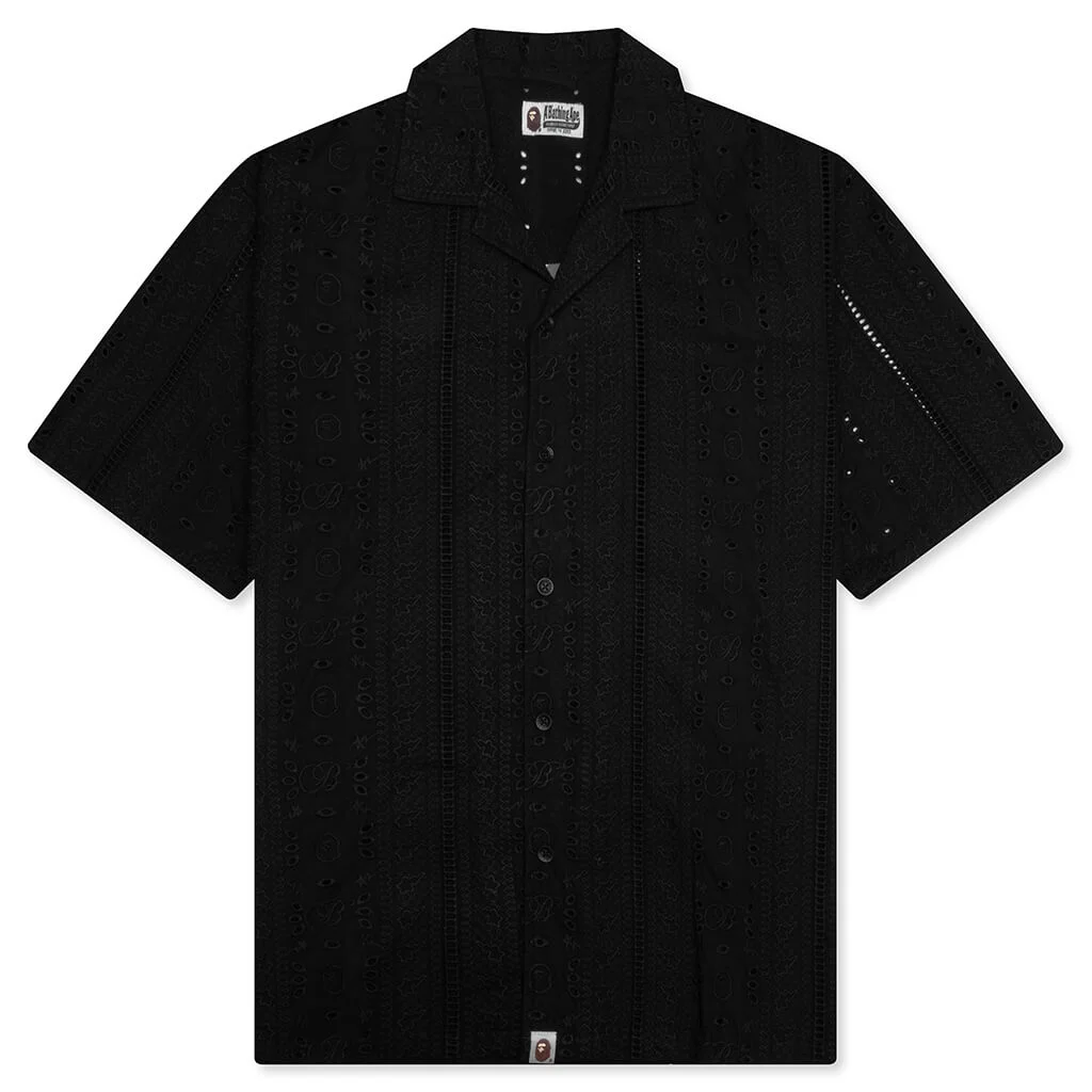 EMBROIDERY OPEN COLLAR S/S SHIRT - BLACK - 1