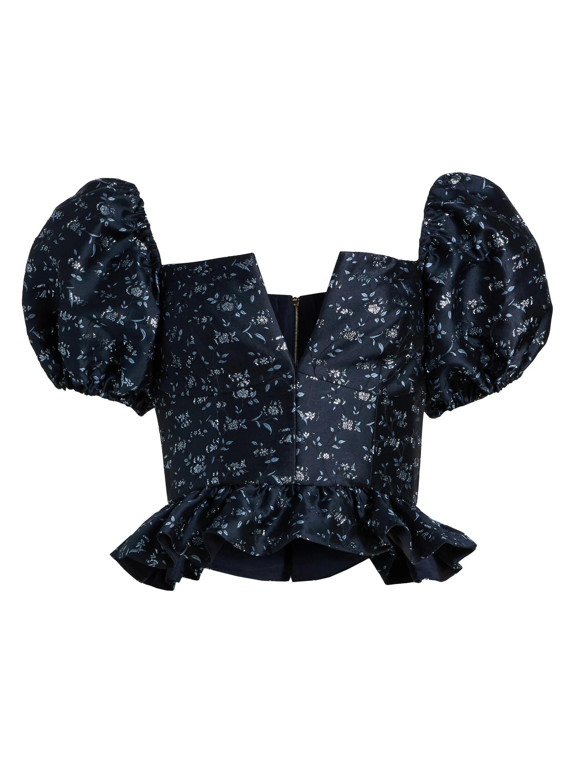 Women's Sylvan Floral Brocade Balloon-Sleeve Top - Navy Blue - 1