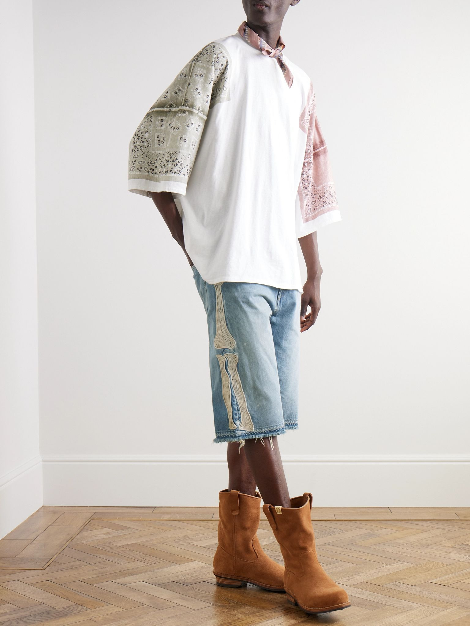 Straight-Leg Appliquéd Distressed Denim Shorts Blue - 2