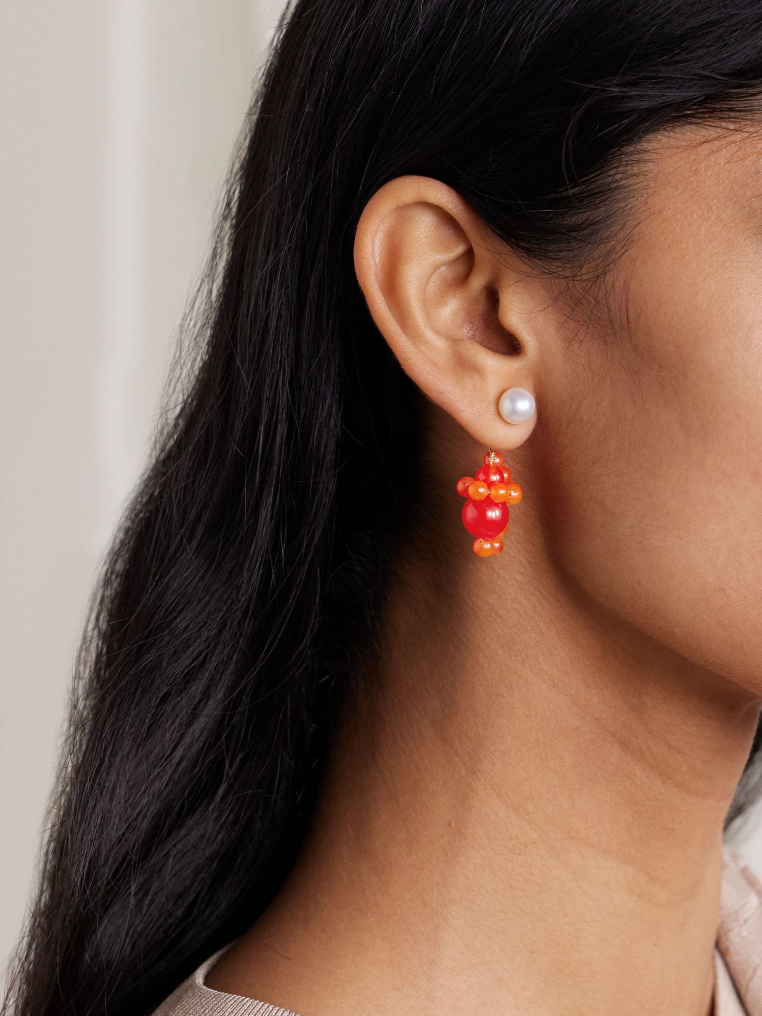 Recycled gold vermeil, pearl and beaded earrings Orange - 2