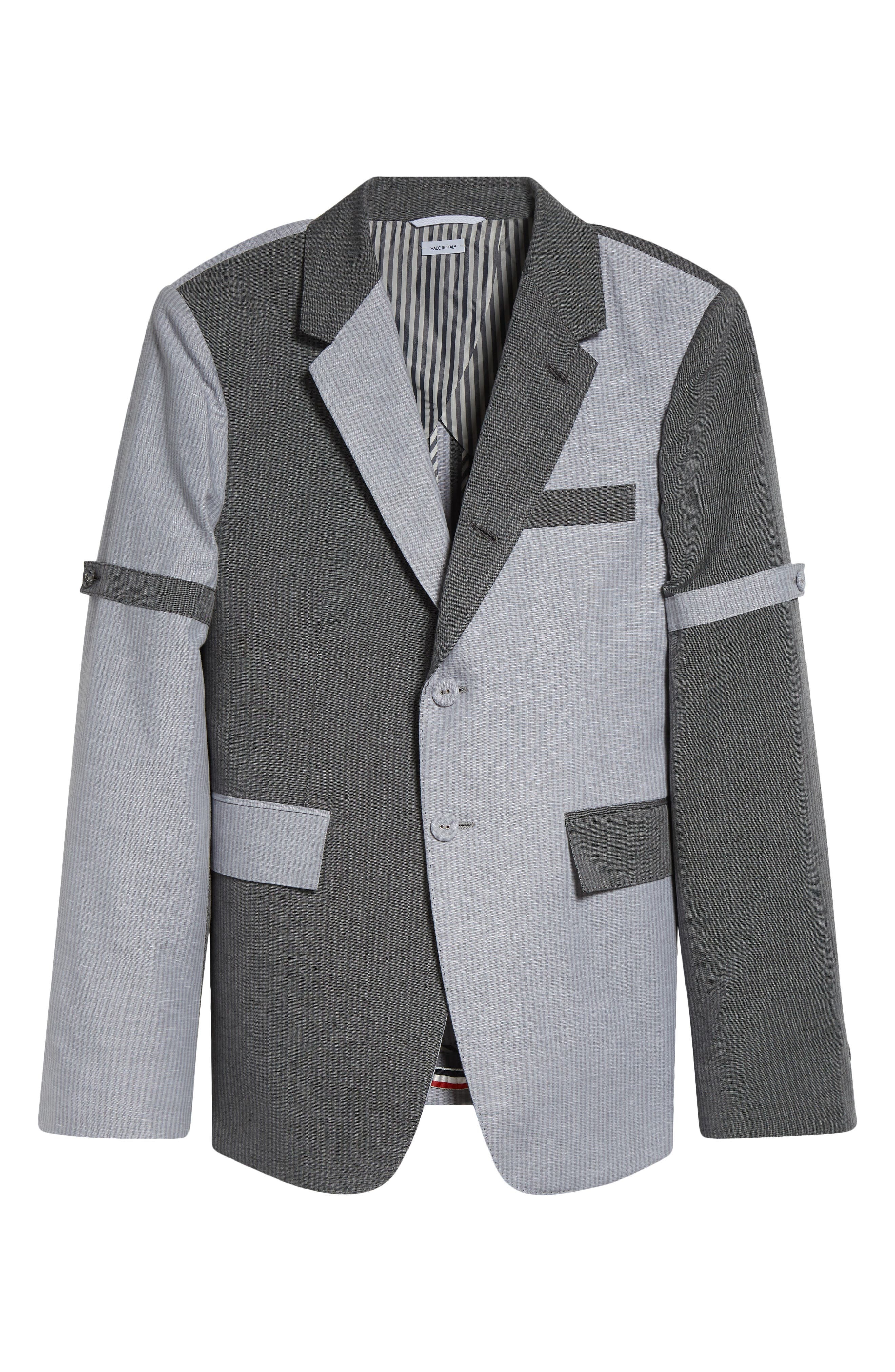 Thom Browne Fit 1 Stripe Patchwork Linen & Cotton Sport Coat with Armbands in Light Grey at Nordstro - 6