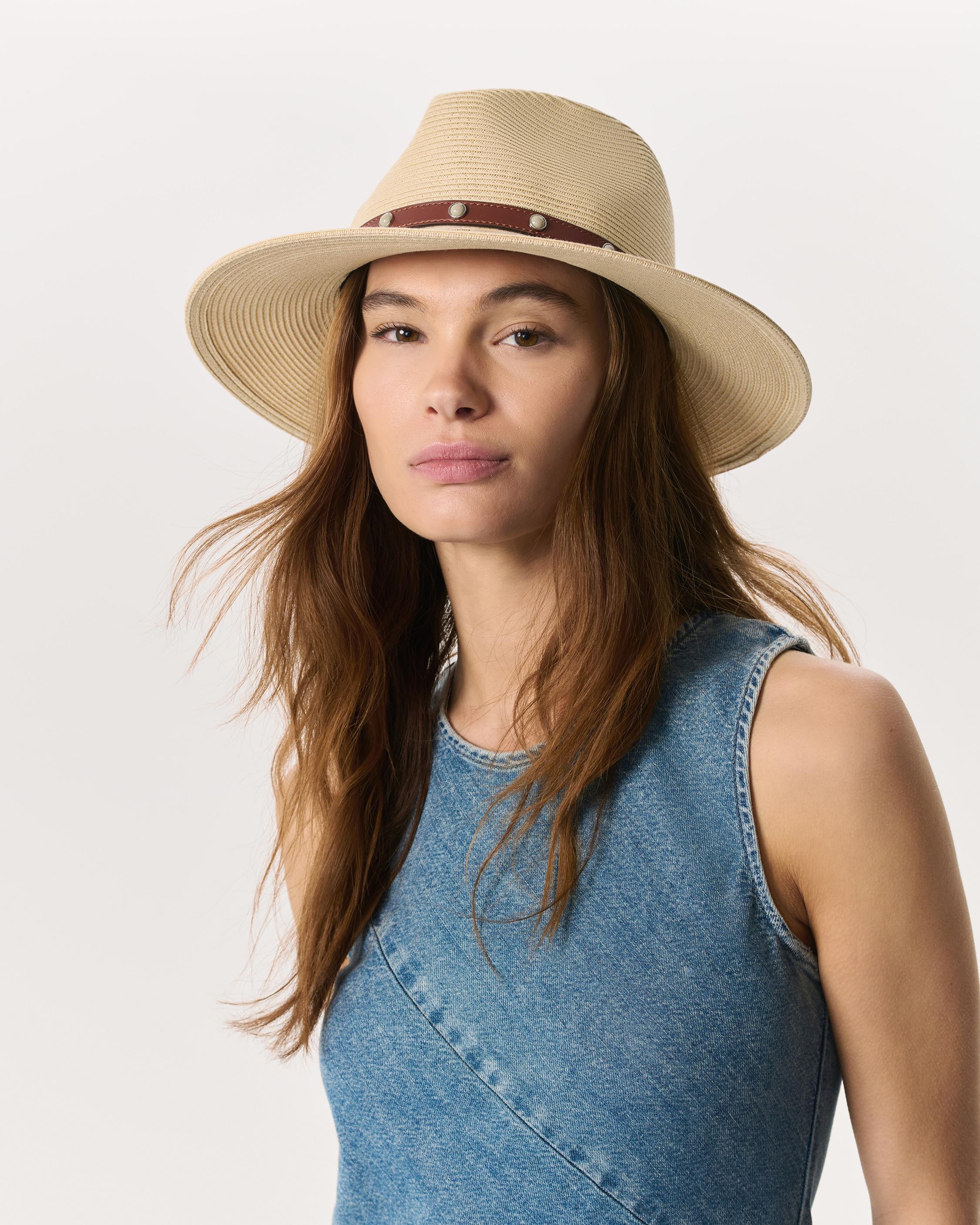 Cabochon-Studded Packable Straw Fedora - 2