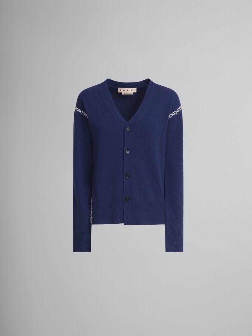 BLUE WOOL-CASHMERE CARDIGAN WITH MARNI MENDING - 1