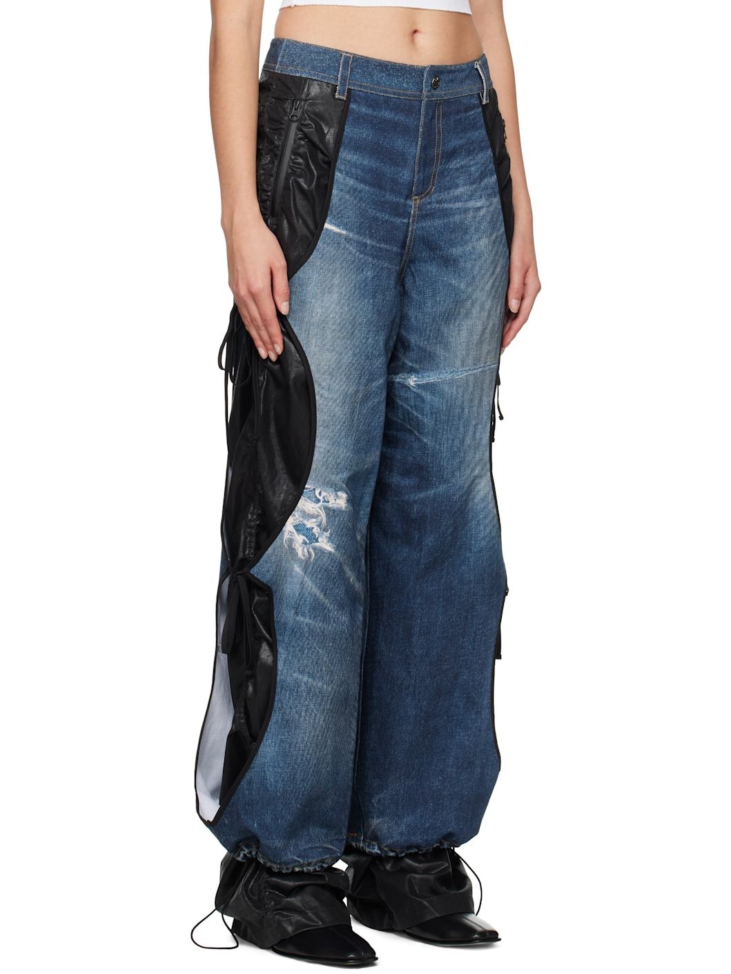 Blue & Black Trompe L'œil Layered Tying Jeans - 2