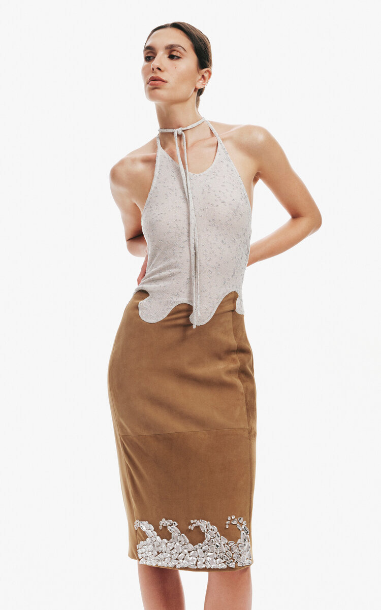 Corrode Knit-Suede Halter Midi Dress tan - 2