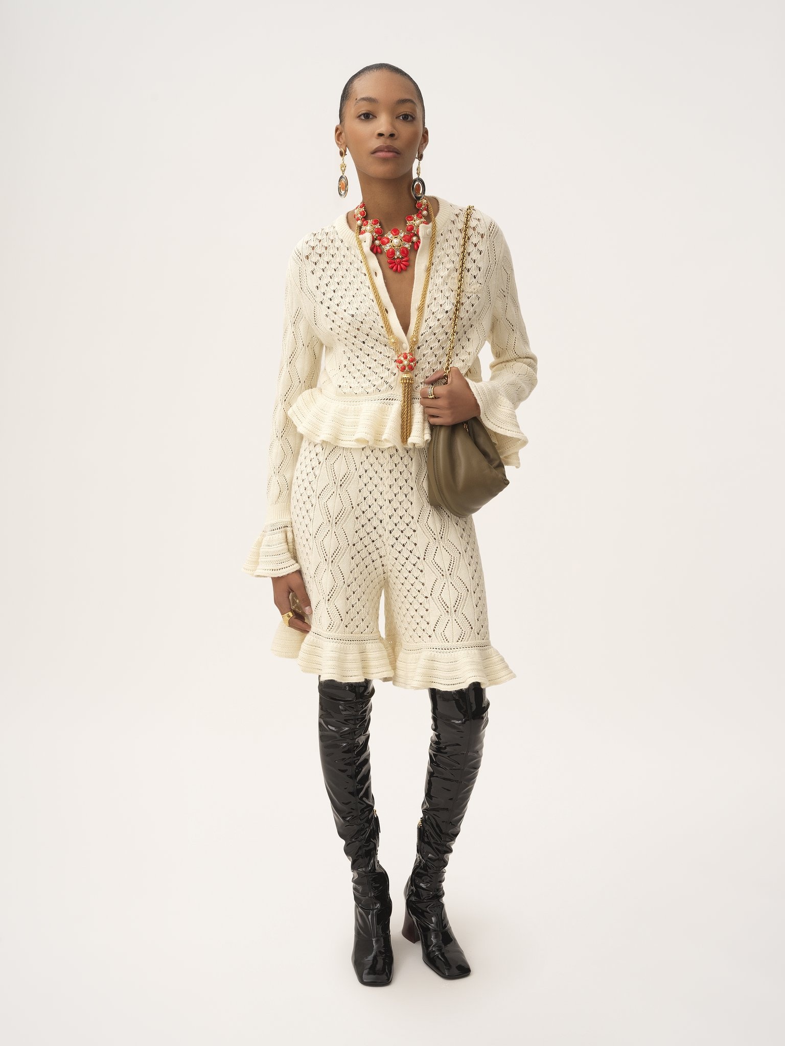 RUFFLED LOGO CARDIGAN IN A SILK, ALPACA & COTTON KNIT - 3