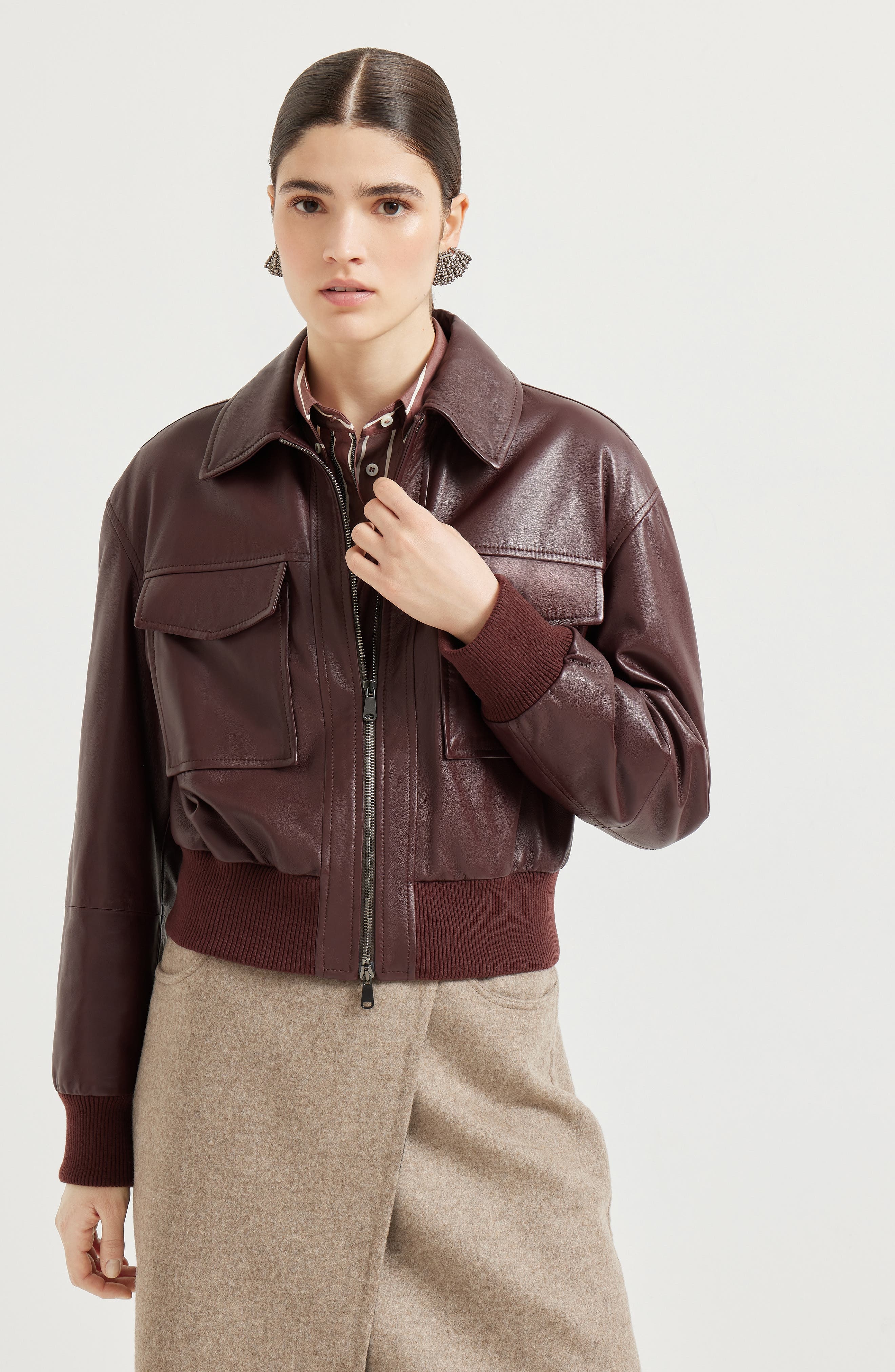 Brunello Cucinelli Soft nappa leather bomber jacket in Amaranth at Nordstrom - 2