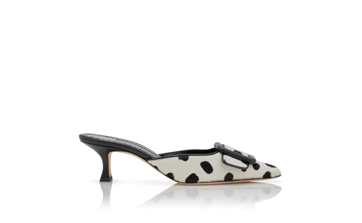 White and Black Calf Hair Buckle Detail Mules - 1