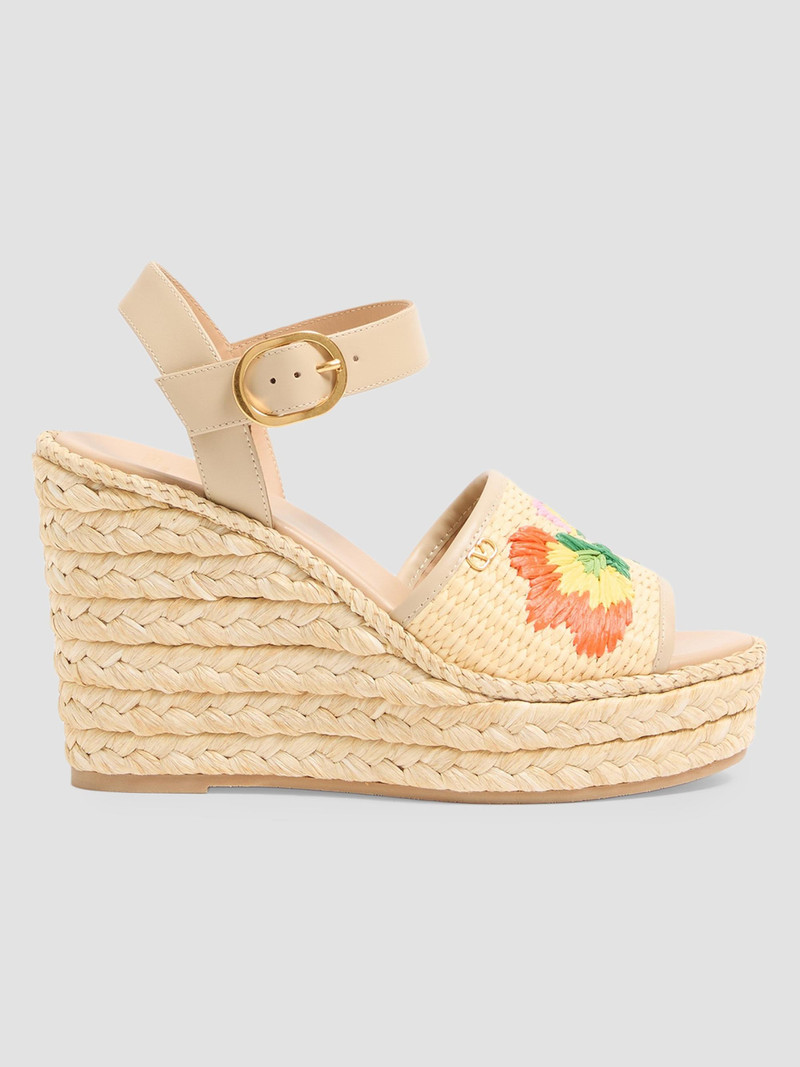 Women's Bribri 115MM Raffia Wedge Sandals with Floral Embroidery - Beige 1