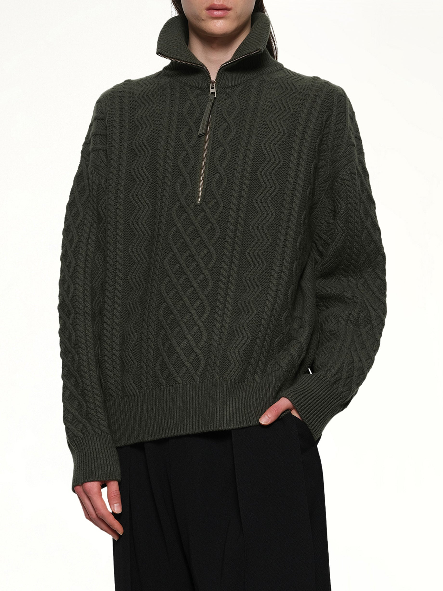 Zip Up Sweater in Khaki Green - 6