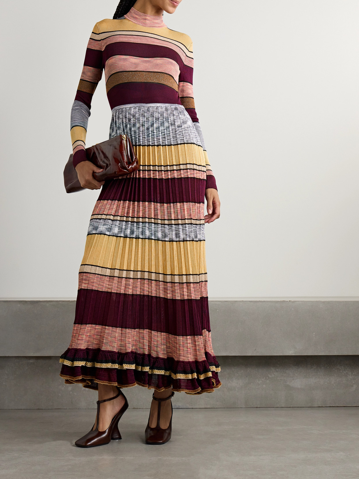 Evangeline Striped Pleated Metallic Knit Turtleneck Maxi Dress - 2