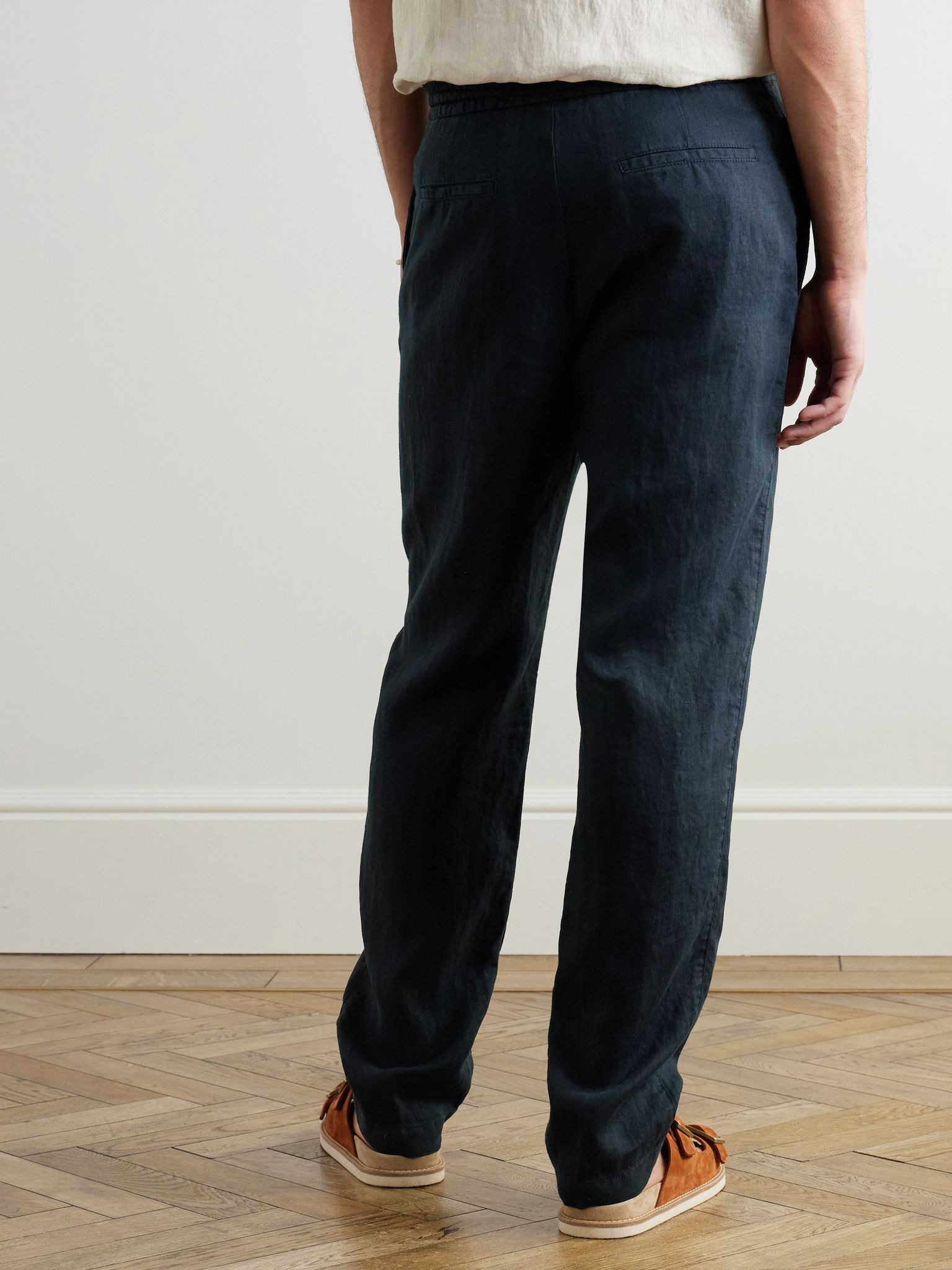 Tapered Linen Drawstring Trousers Navy - 4
