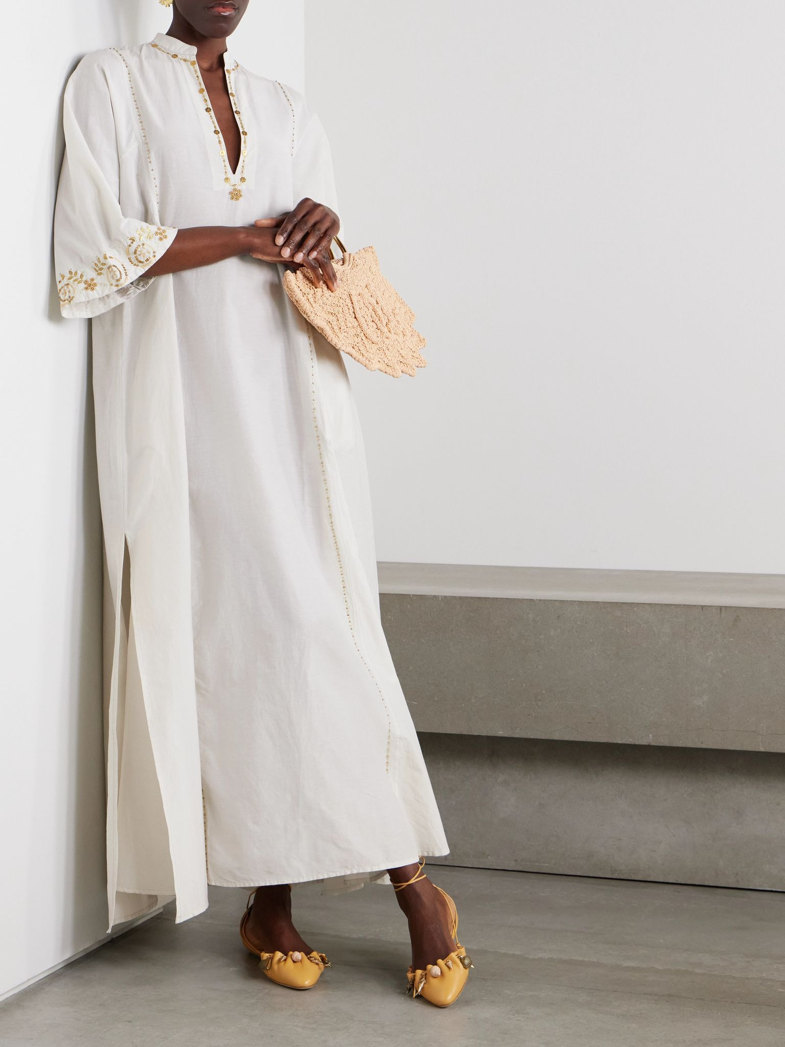 Rachel embellished embroidered cotton and silk-blend kaftan Green - 2