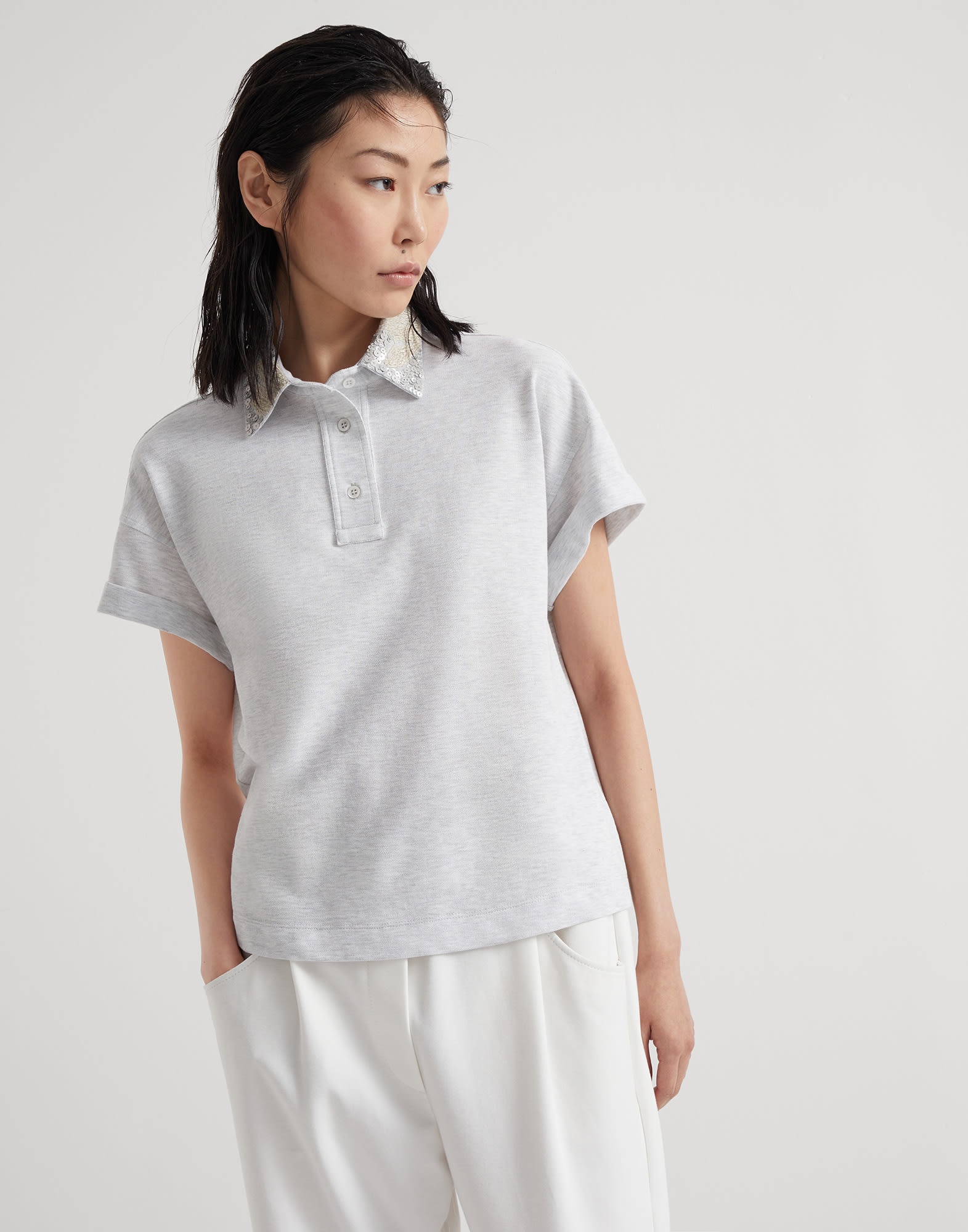 Cotton piqué polo shirt with magnolia embroidery collar - 1