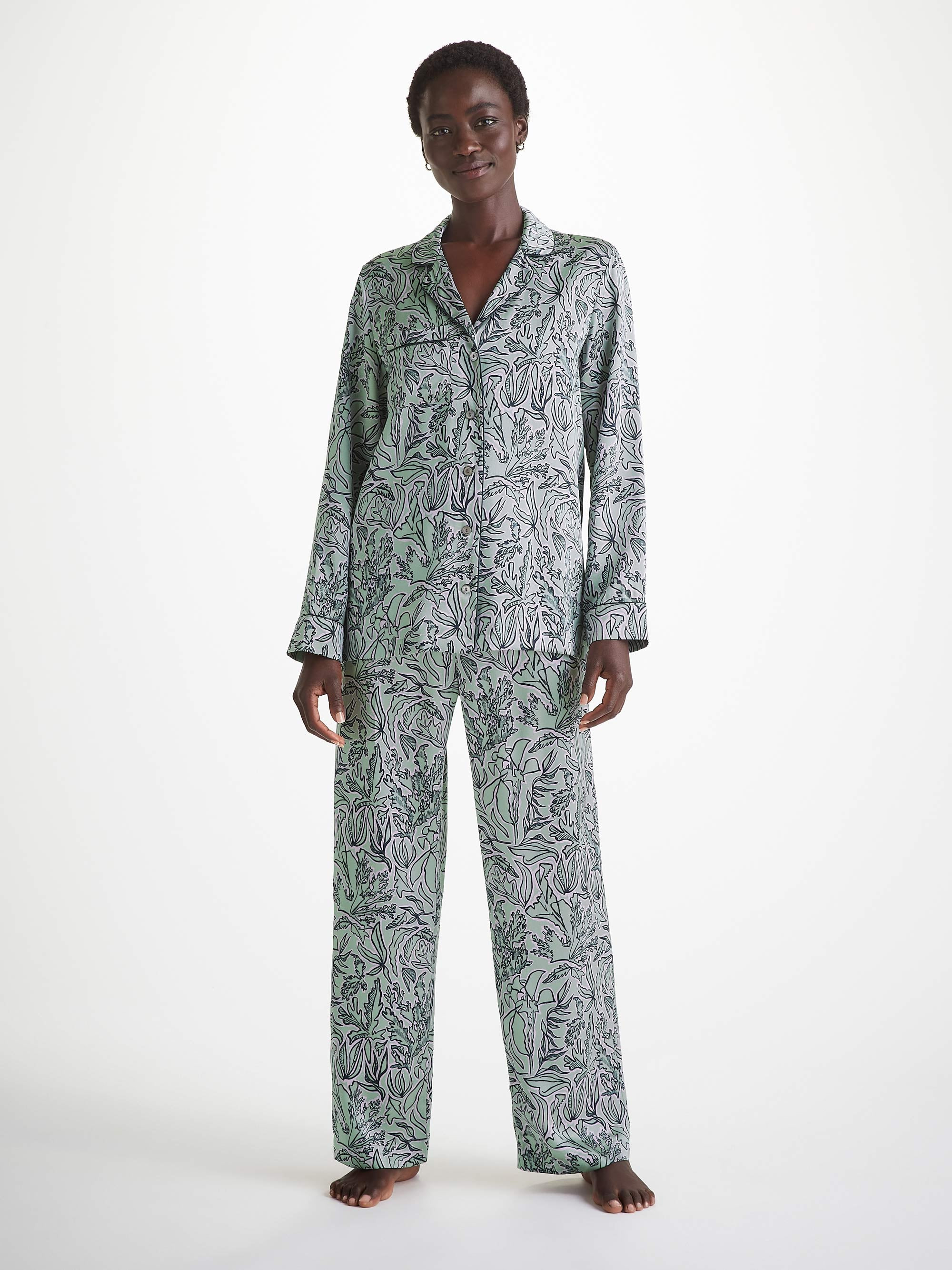 Women's Pajamas Silk Satin Green Sea Kelp Pattern - 2