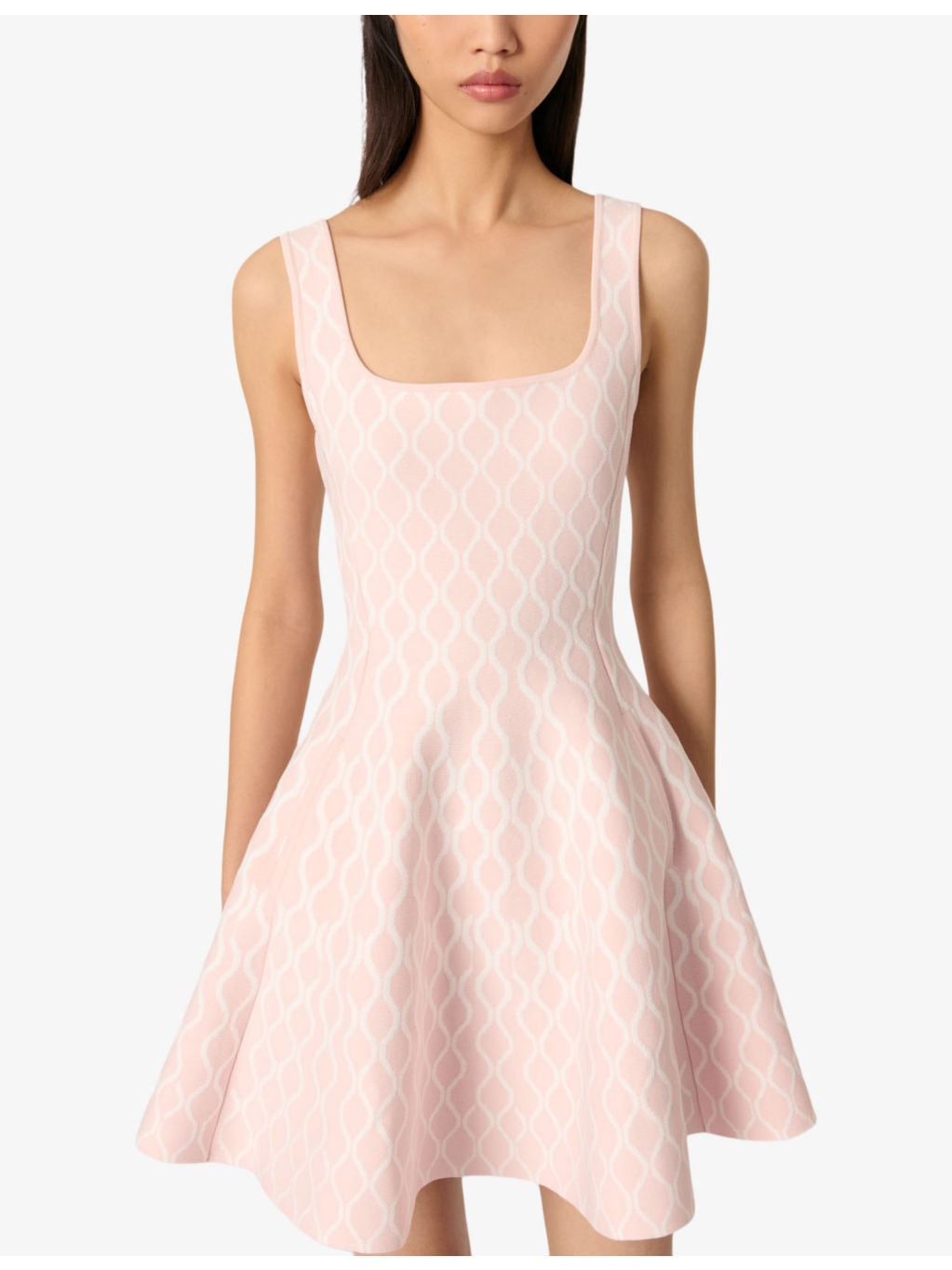 Grid-pattern square-neck woven mini dress - 5