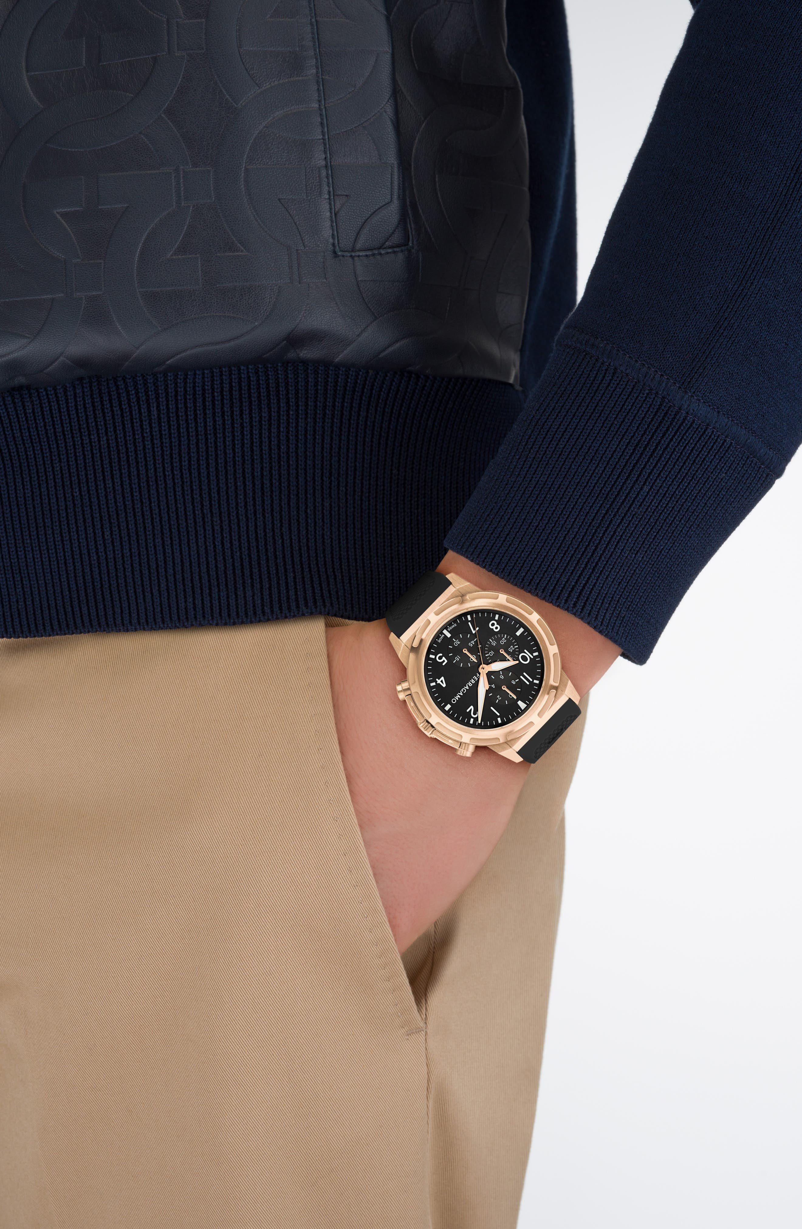FERRAGAMO Sport Chronograph Silicone Strap Watch, 44mm in Rose Gold at Nordstrom - 5