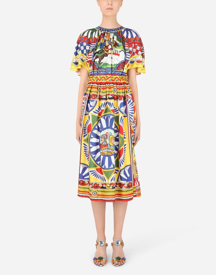 Calf-length dress in Carretto-print silk - 1