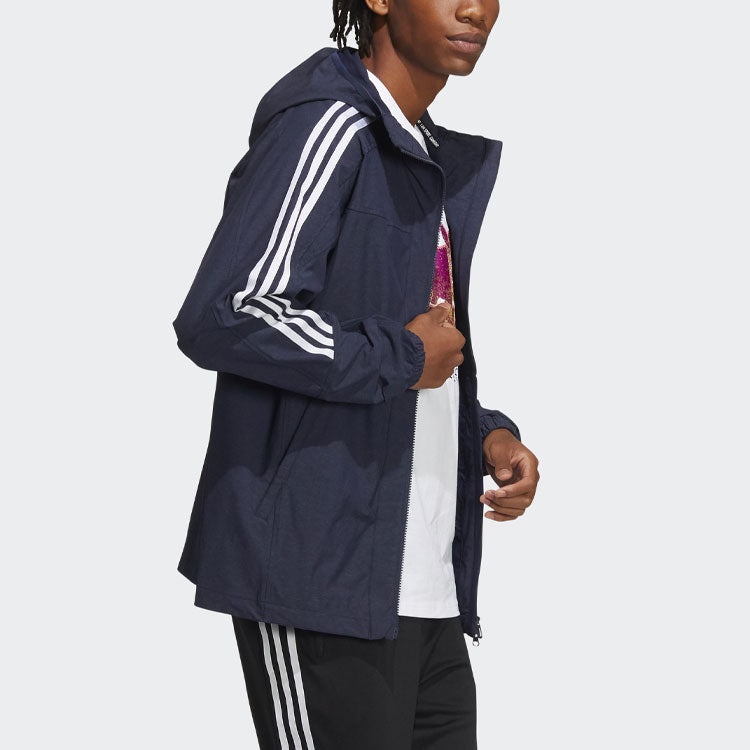 Men's adidas Contrasting Colors Stripe Sports Hooded Jacket Legendary Ink Blue HC9956 - 4