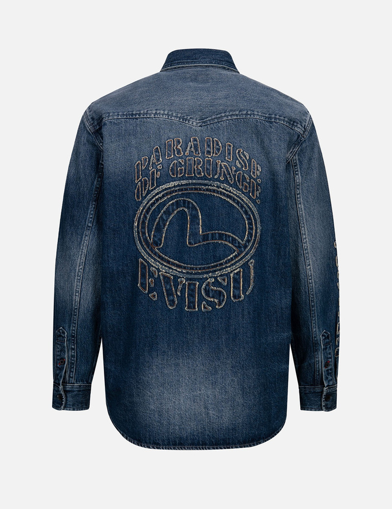 EVISU GRUNGE STYLE LOGO AND SEAGULL APPLIQUÉ RELAX FIT DENIM SHIRT outlook