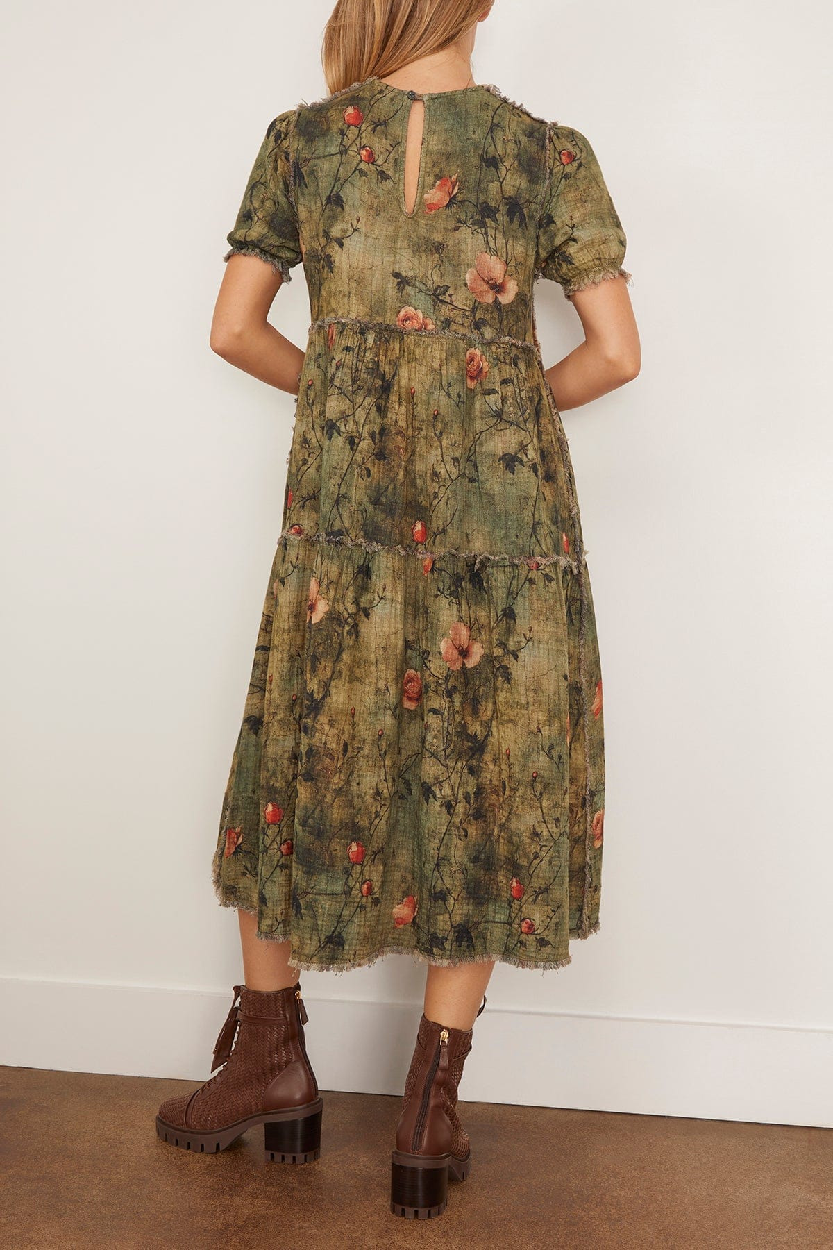 Reversible Shredded Relaxed Midi Dress in Plaid with Turquoise Floral - 4