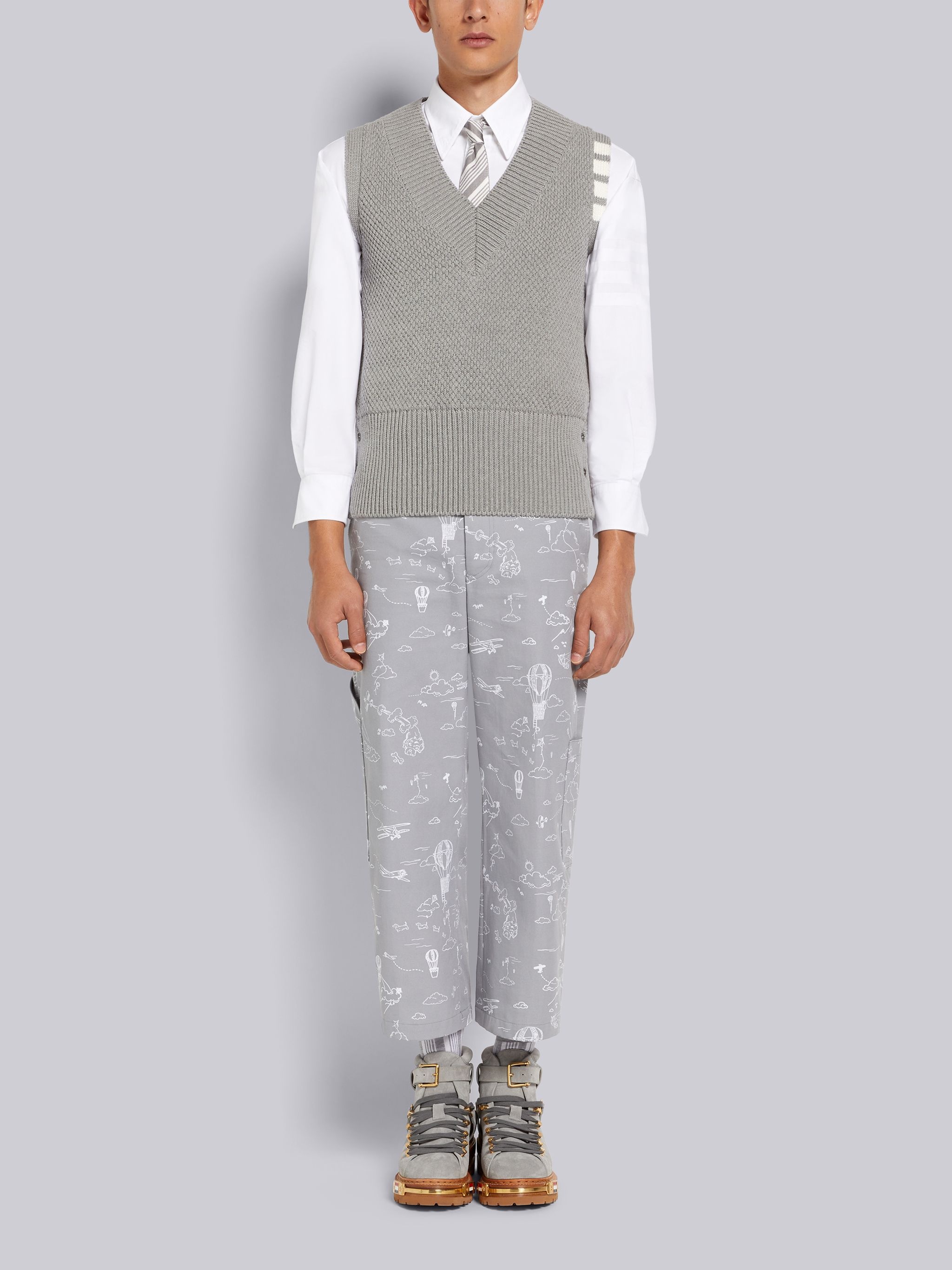 Light Grey Seed Stitch Cotton 4-Bar V-Neck Vest - 4