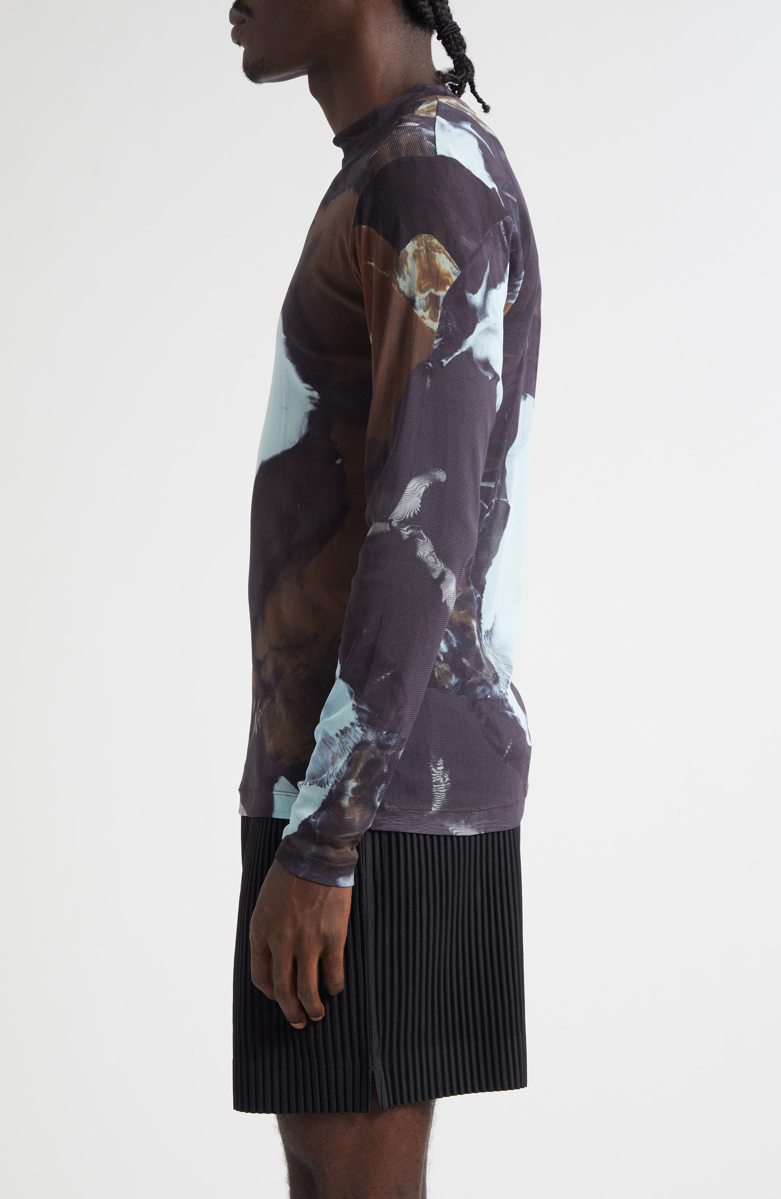 Homme Plissé Issey Miyake Agate Print Sheer Mesh Long Sleeve Shirt in Brown at Nordstrom - 4