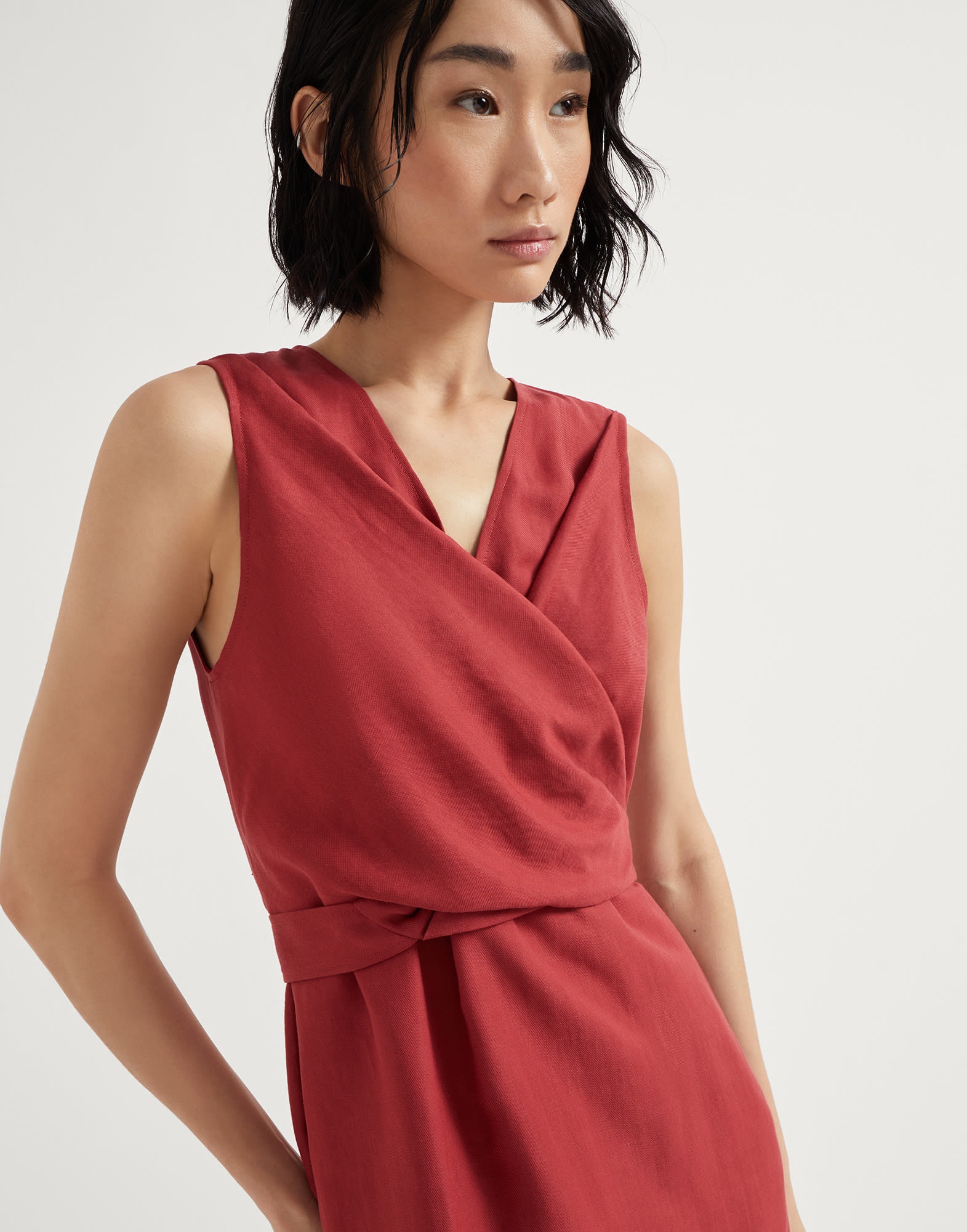 Viscose and linen fluid twill wrap-effect dress with monili - 3