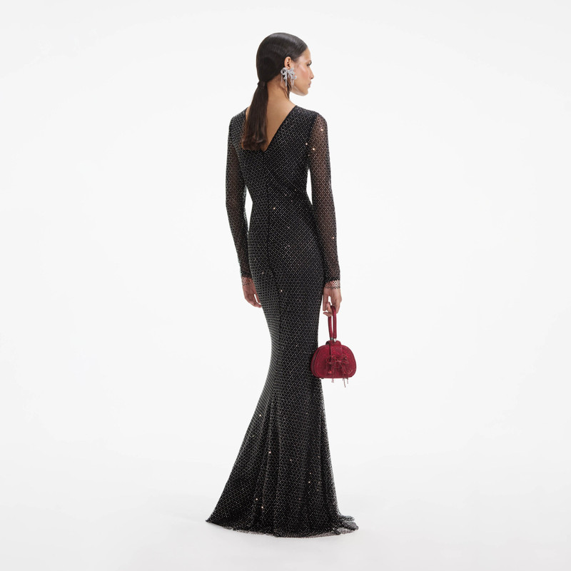 self-portrait Black Rhinestone Fishnet Crossover Maxi Dress - SC24-002X-B |  REVERSIBLE