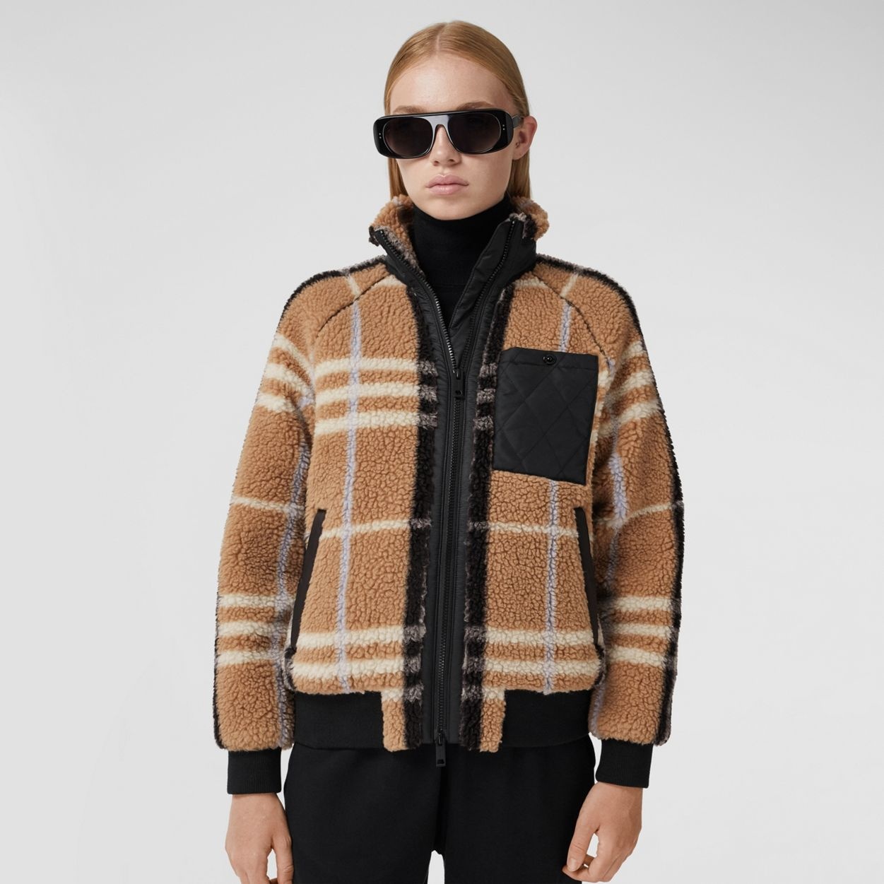 Diamond Quilted Panel Check Fleece Jacquard Jacket - 5