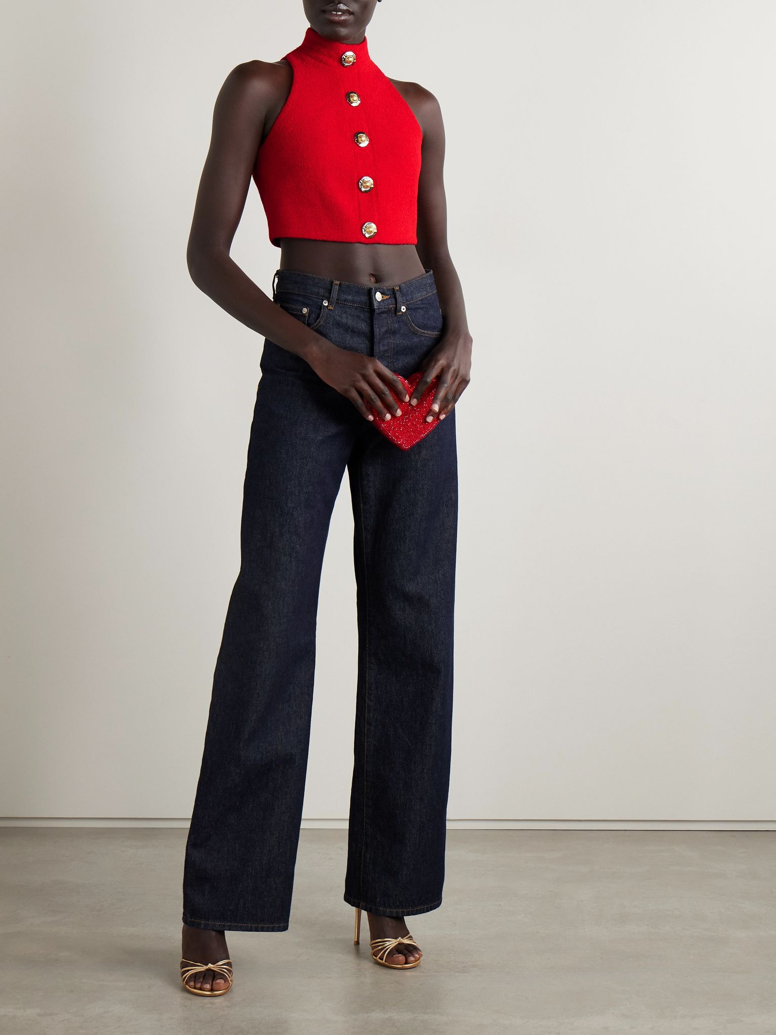 Cropped button-embellished wool-blend bouclé top Red - 2