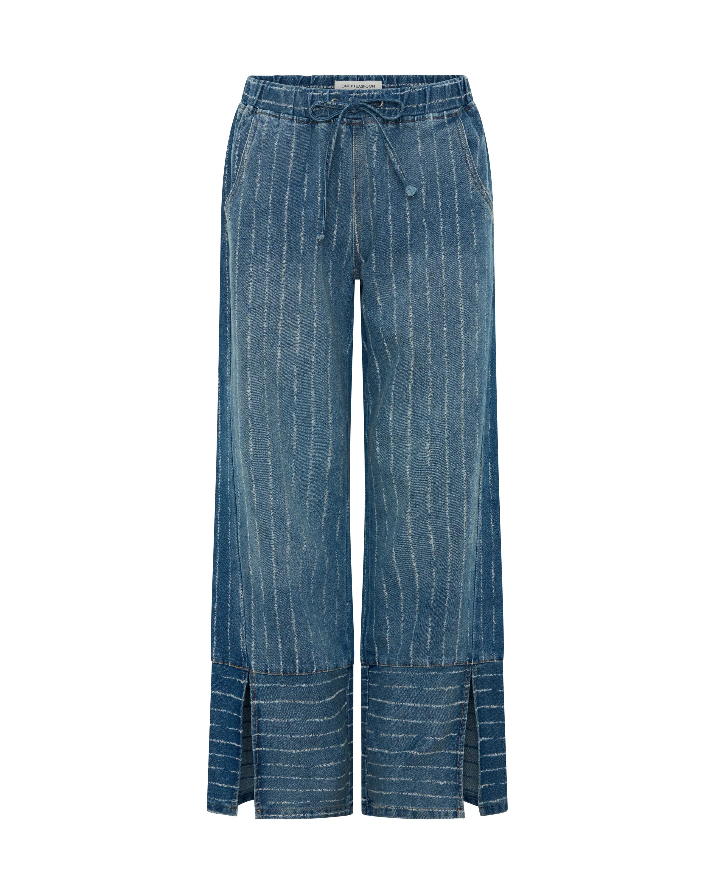 Roadhouse Mid Waist Wide Leg Drawstring Denim Jeans - Blue Stripe - 1