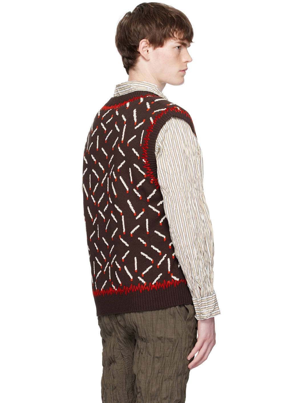 Brown Cotton Jacquard Matches Vest - 3