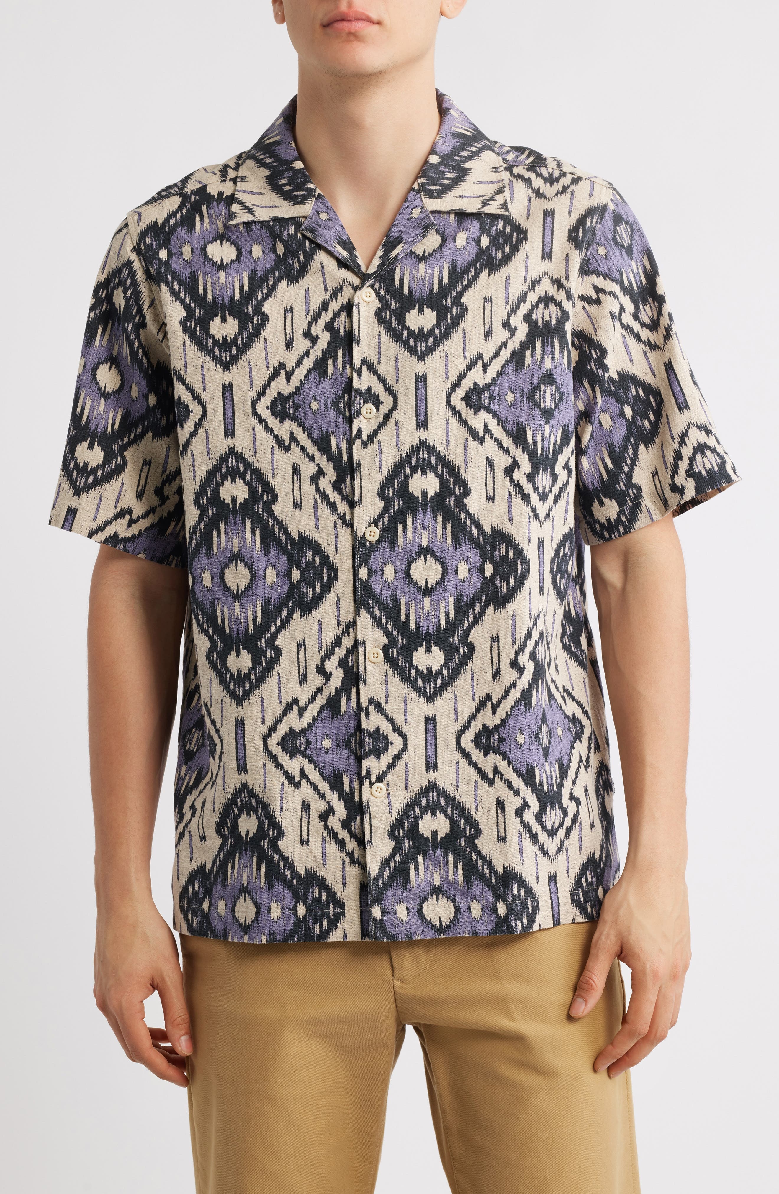NN07 Julio Ikat Print Linen & Cotton Camp Shirt in Violet at Nordstrom - 1
