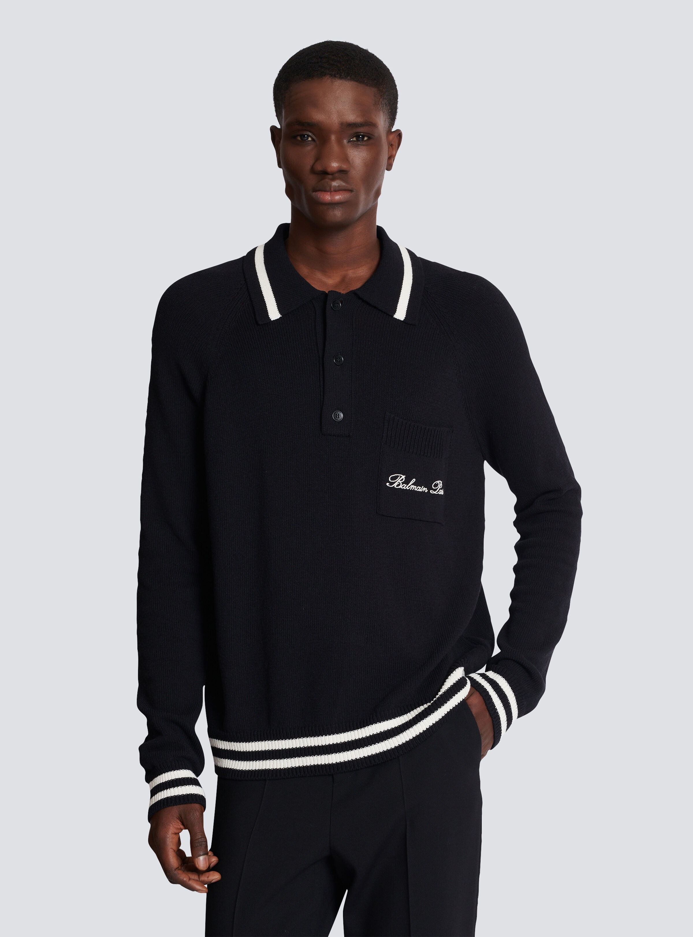 Long-sleeved wool polo shirt with Balmain Signature embroidery - 6