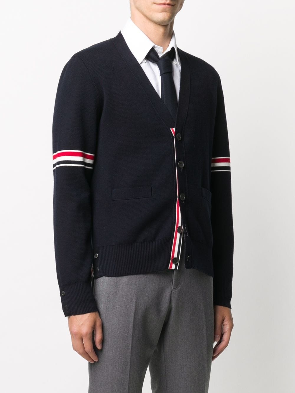 THOM BROWNE - Men Milano Stitch RWB Stripes Cotton V-Neck Cardigan - 2