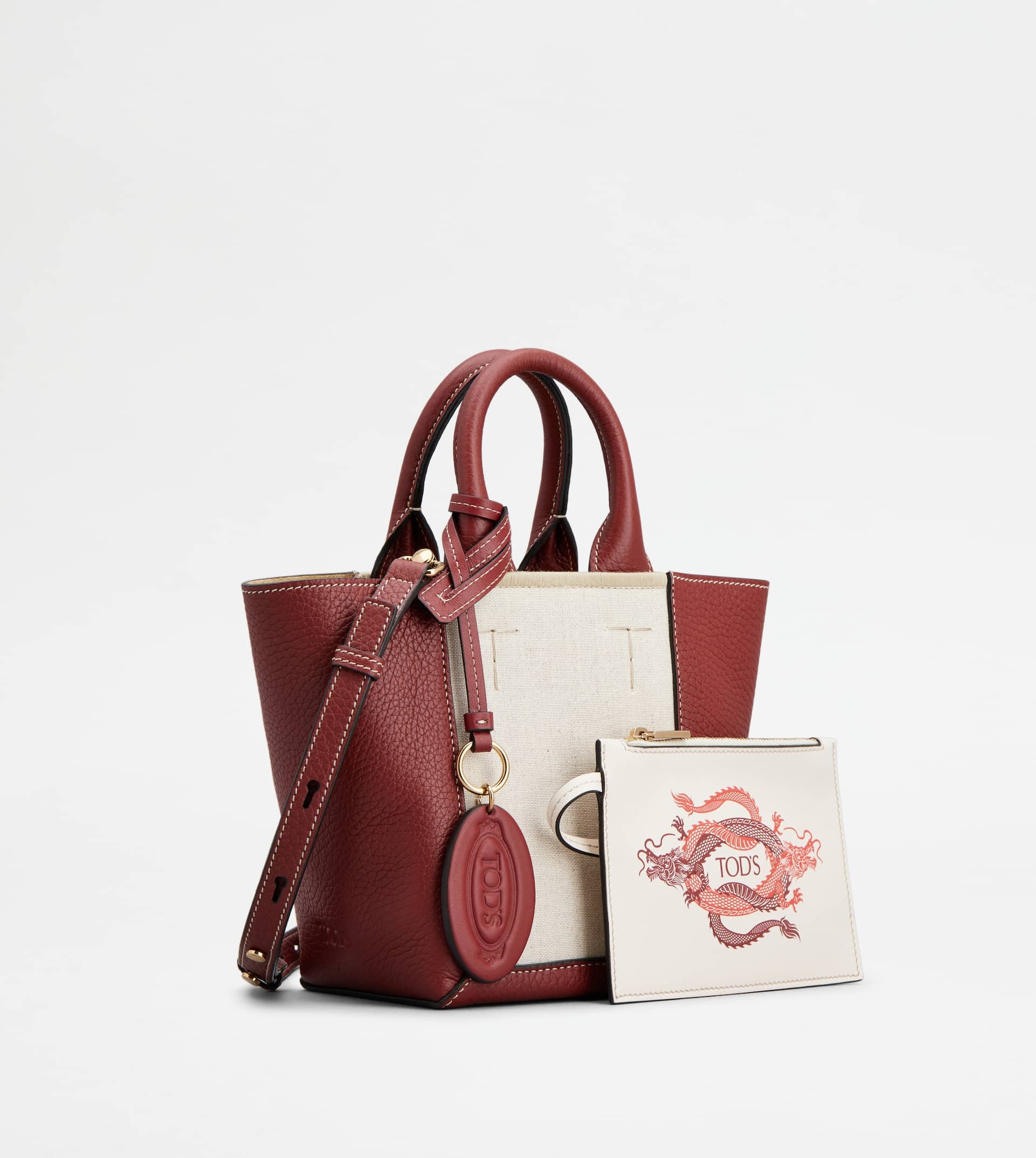 TOD'S DOUBLE UP SHOPPING BAG IN LEATHER AND CANVAS CNY MINI - BEIGE, RED - 3