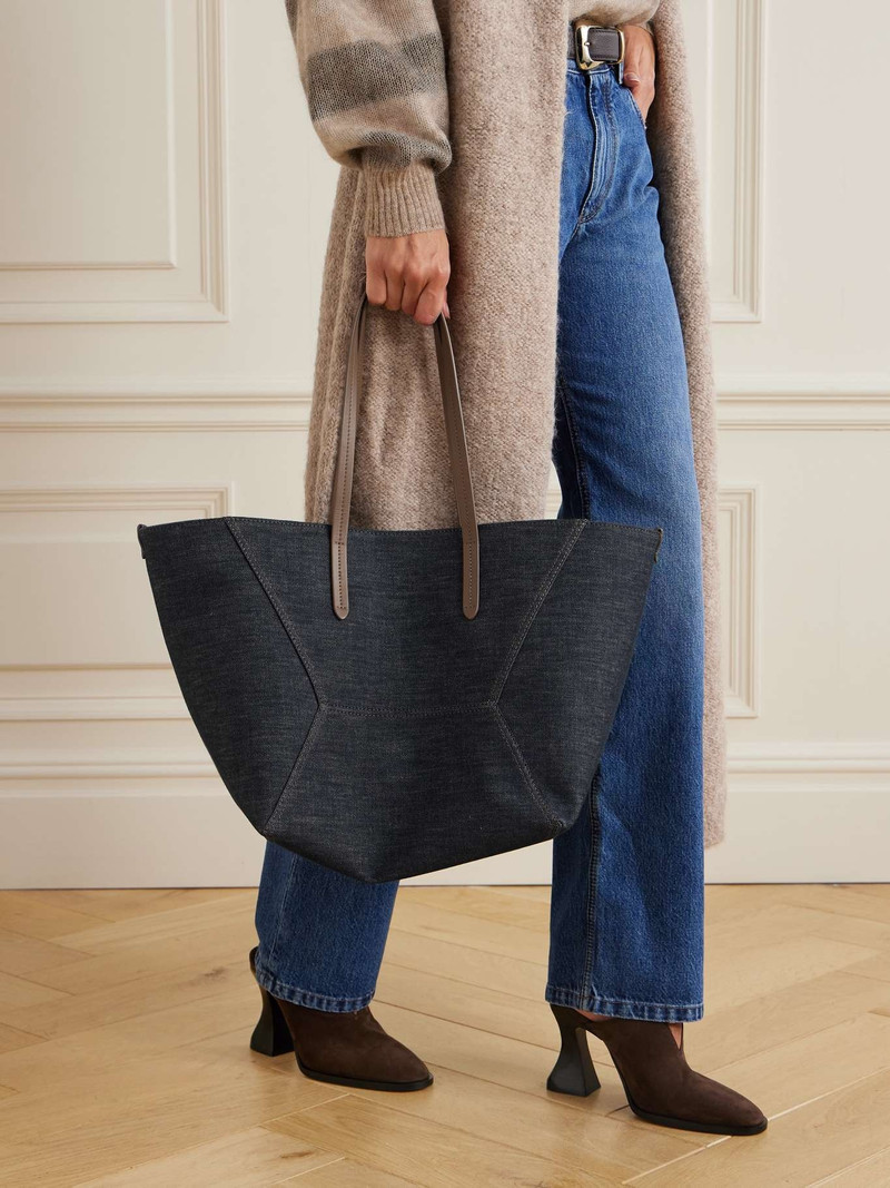 Brunello Cucinelli Leather-trimmed denim tote Dark denim outlook