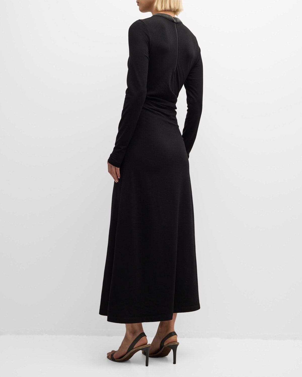 Monili-Collar Long-Sleeve Draped Jersey Maxi Dress - 4