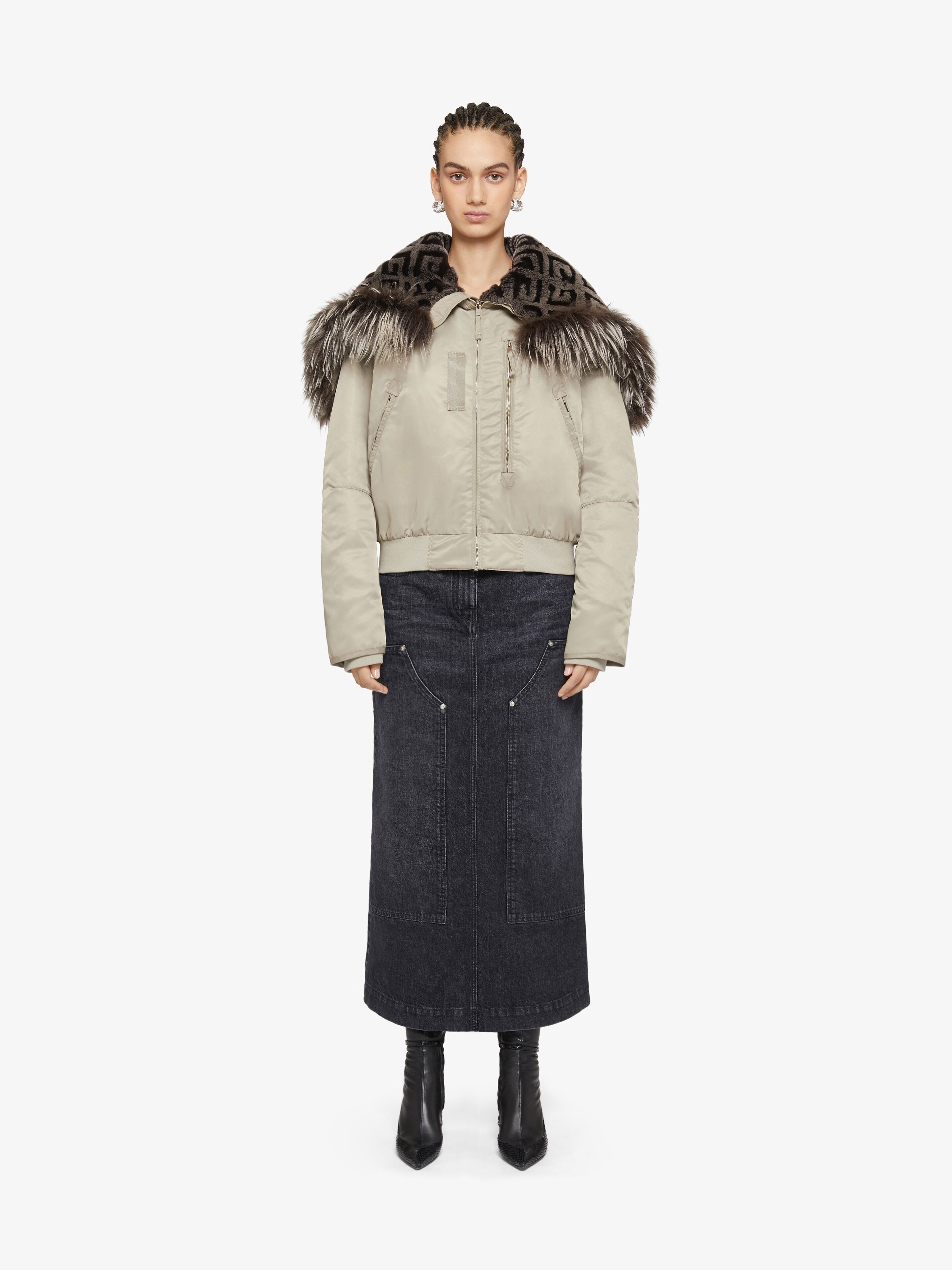 CROPPED BOMBER JACKET WITH 4G FUR HOOD - 2
