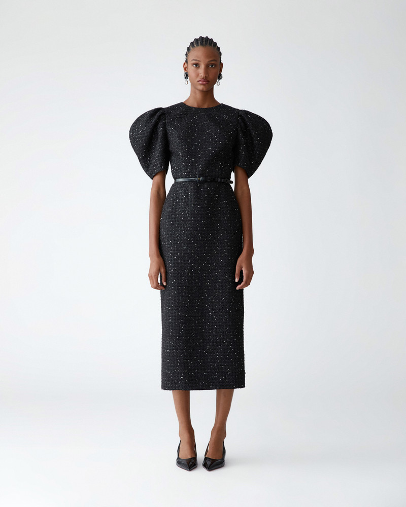 CAROLINA HERRERA Lurex Tweed Puff-Sleeve Midi Dress outlook