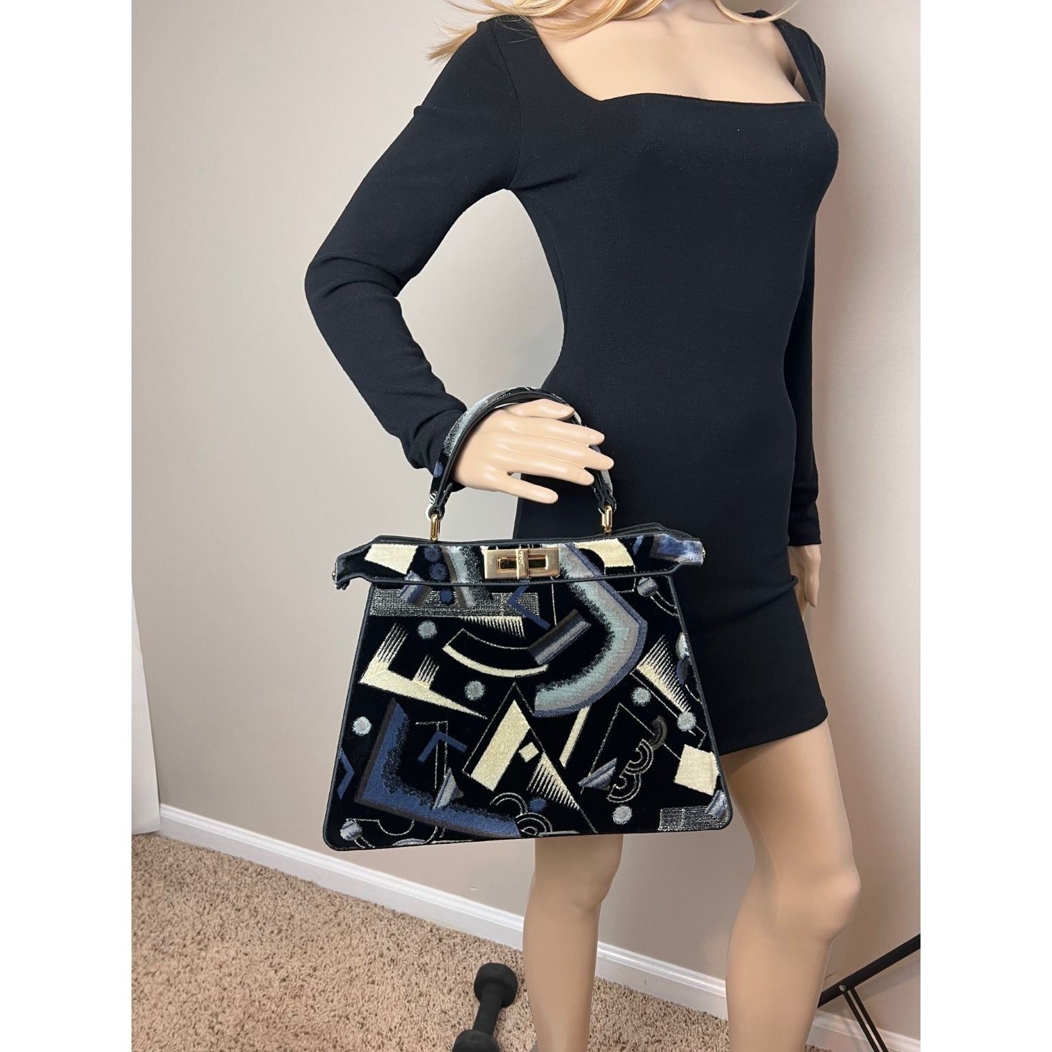 Fendi Peekaboo I see u Medium Printed Velvet Black Blue Satchel Shoulder Bag - 13