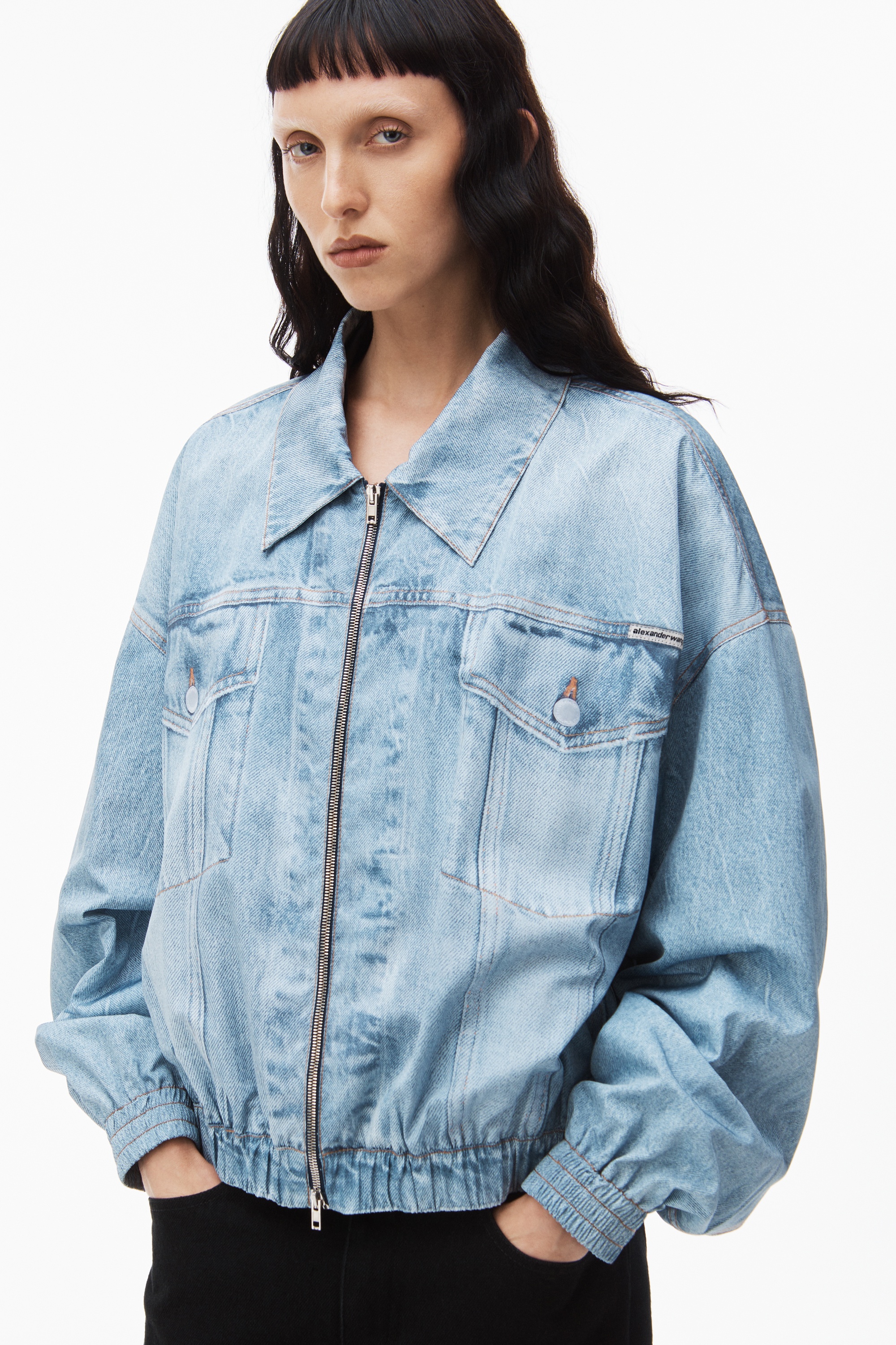 printed denim bomber jacket in nylon - 4