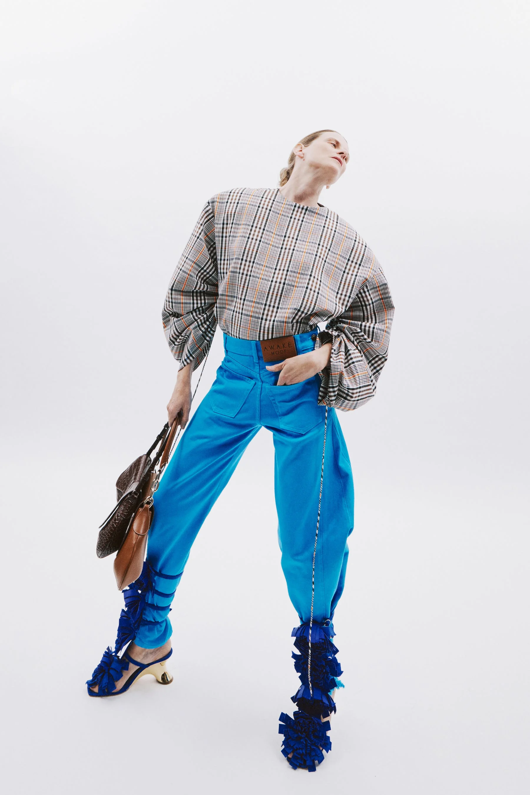 DRAWSTRING SLEEVE TOP BROWN CHECK - 1