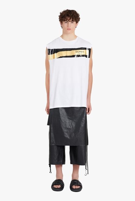 White eco-designed cotton T-shirt with black and gold Balmain logo print - 4