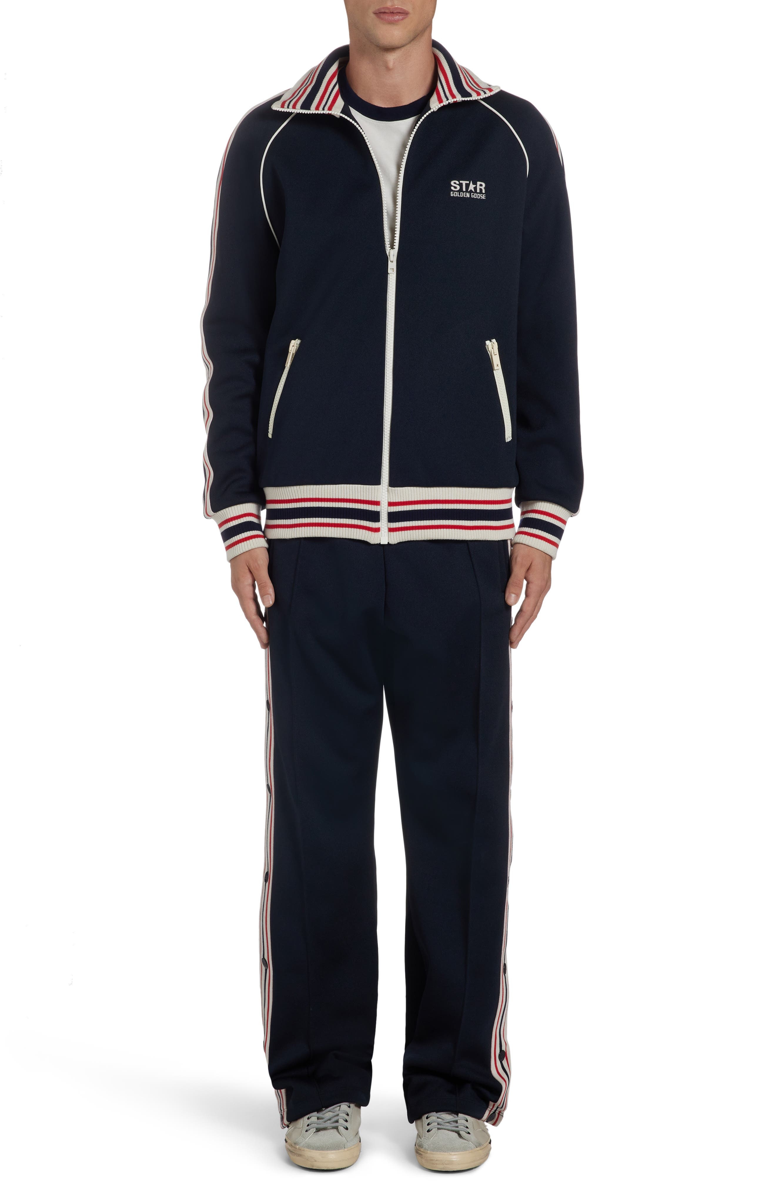 Golden Goose Stripe Trim Raglan Sleeve Track Jacket in Dark Blue/Papyrus at Nordstrom - 2