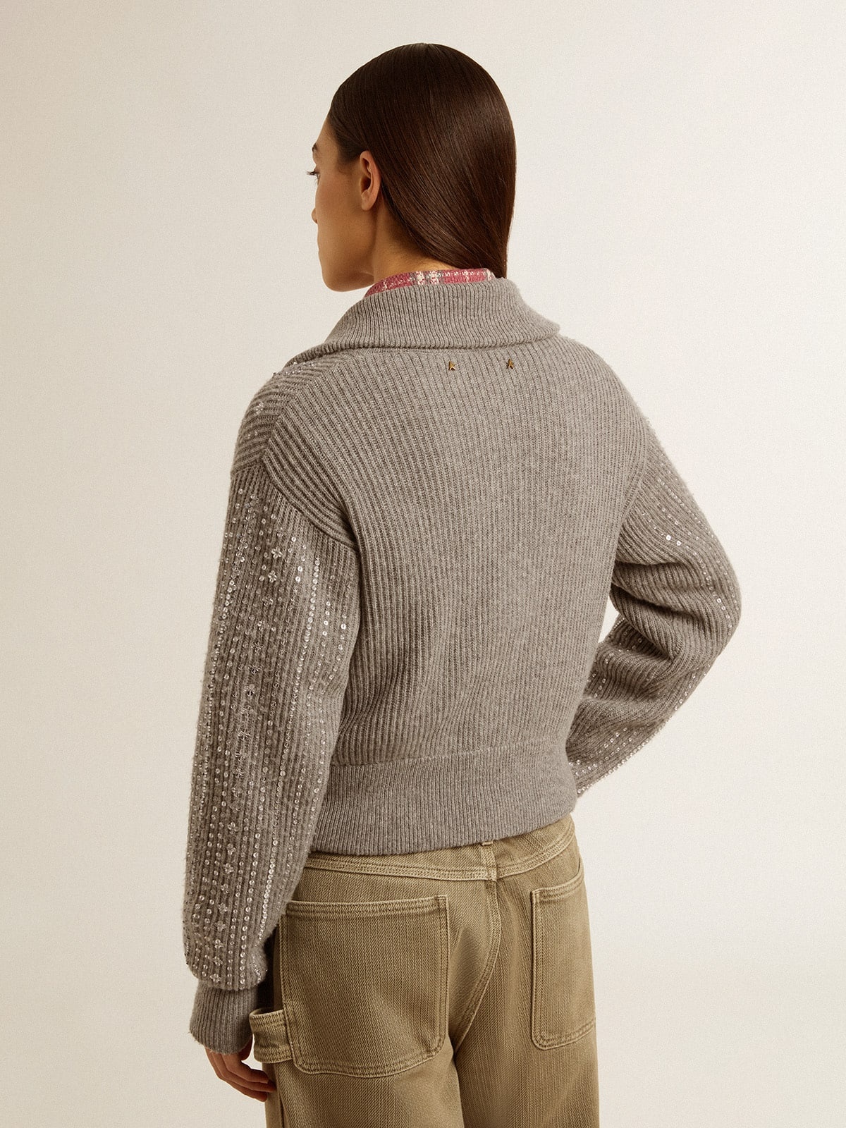 Women's cropped sweater in gray melange wool with sequins - 5