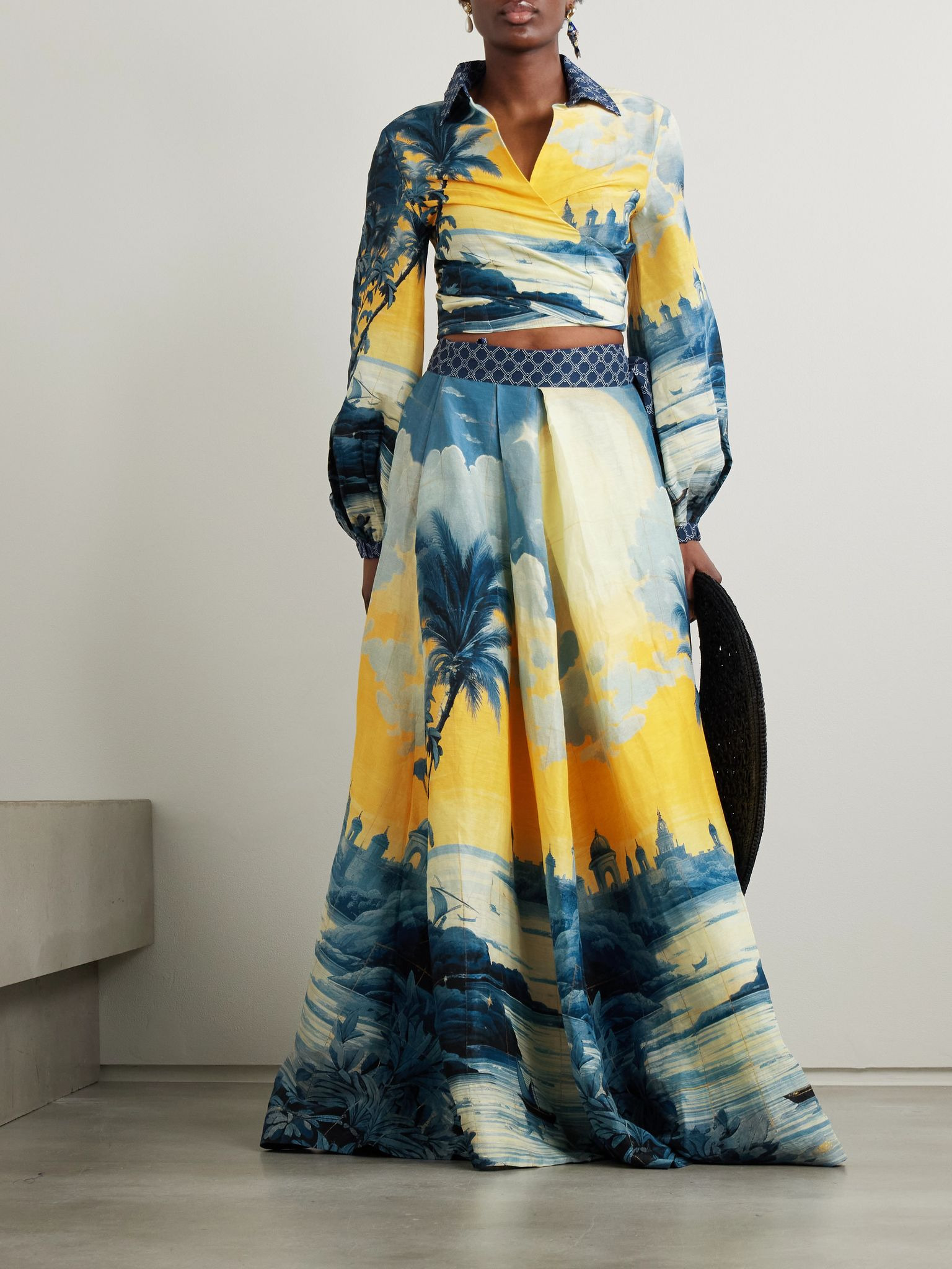 Cropped embellished printed linen and silk-blend wrap shirt Blue - 2
