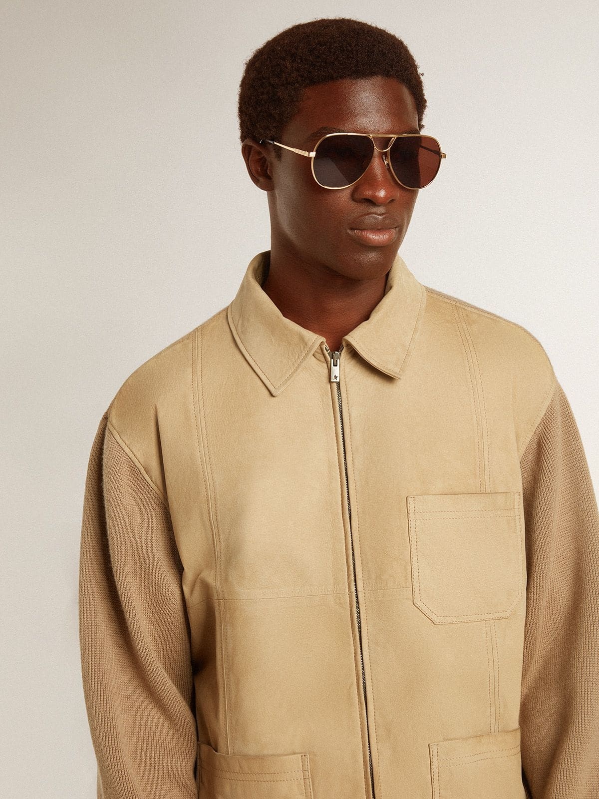 Men's jacket in travertine-colored nubuck leather with wool-blend sleeves and back - 5