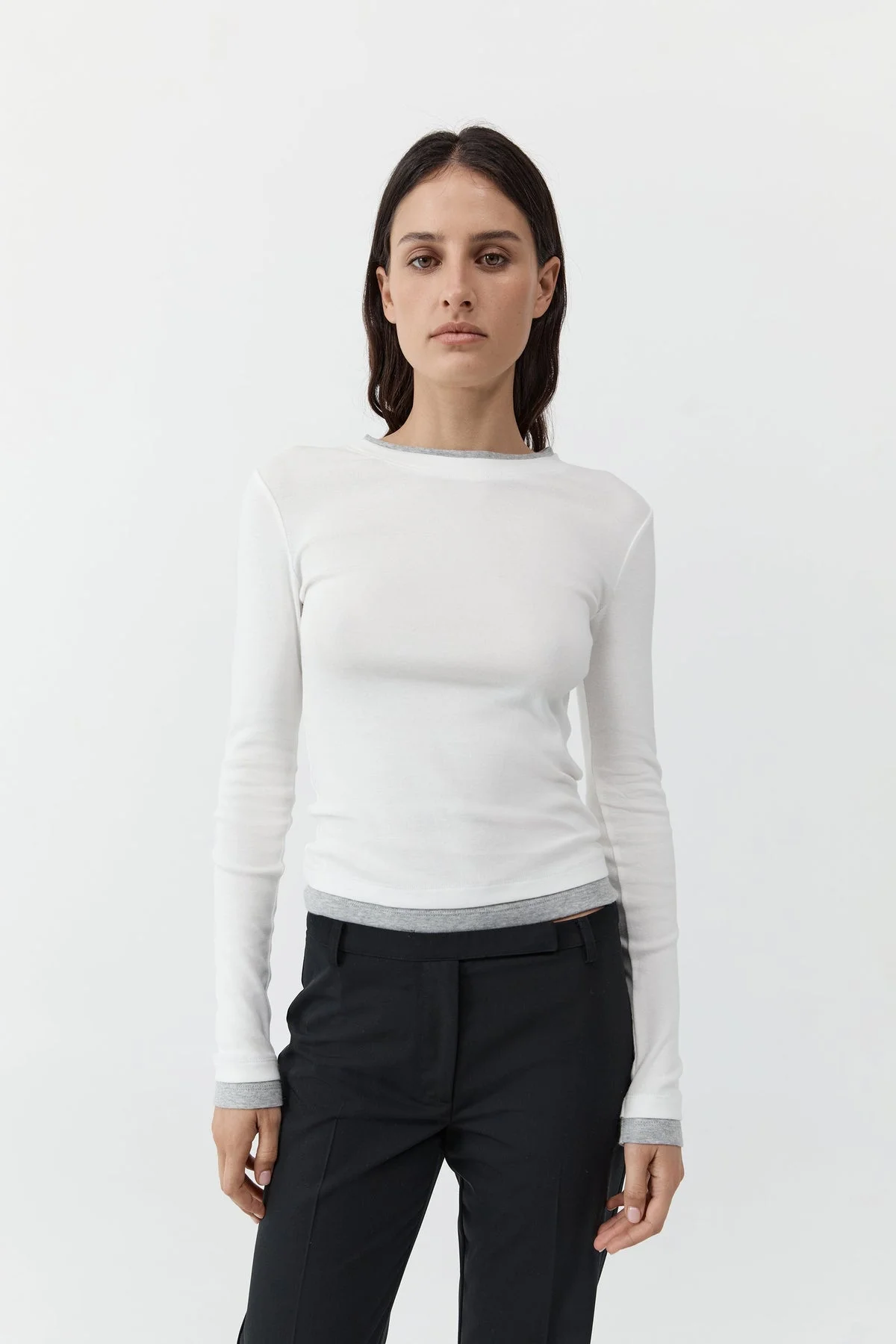 Organic Cotton Layered Long Sleeve Top - White - 1